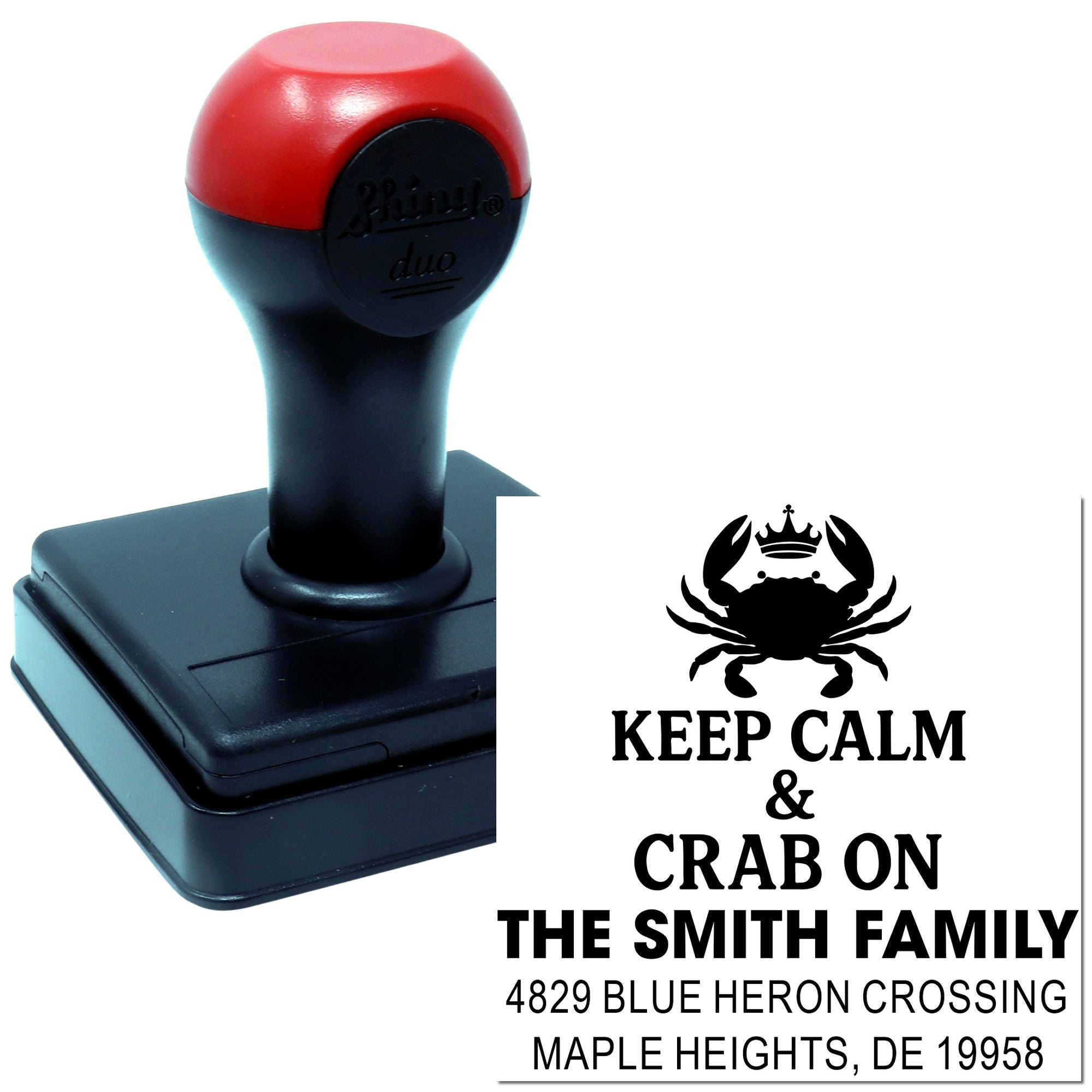 Custom self-inking crab rubber stamp with Keep Calm & Crab On personalized family address design for The Smith Family.