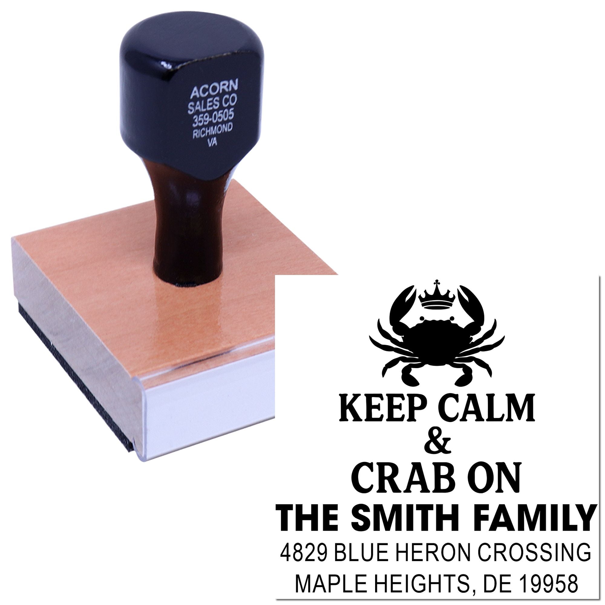 Custom rubber stamp with crab design and family address imprint for personalized mailing, business, or home use.