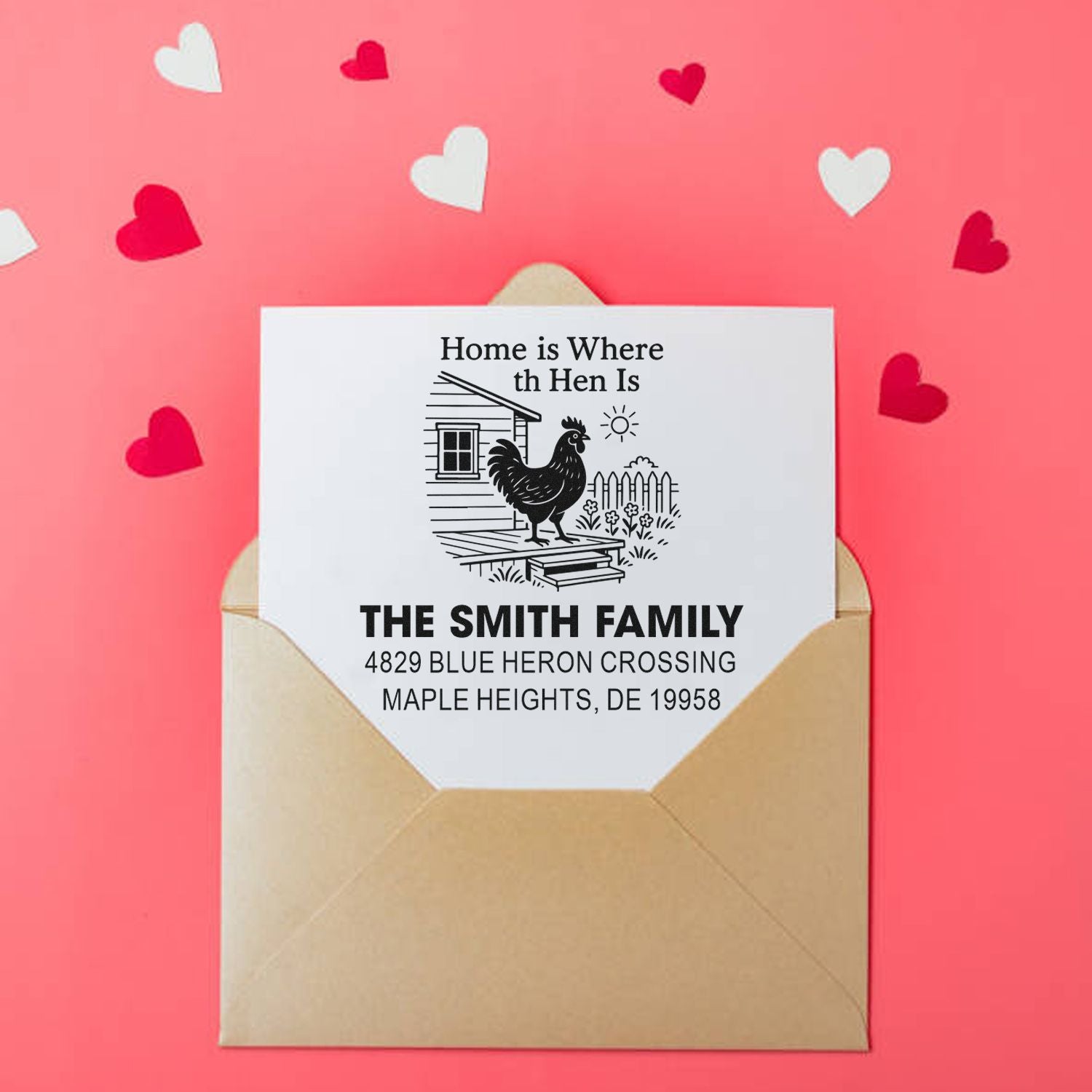 Custom return address rubber stamp with chicken illustration and Home is Where the Hen Is farmhouse family address design.