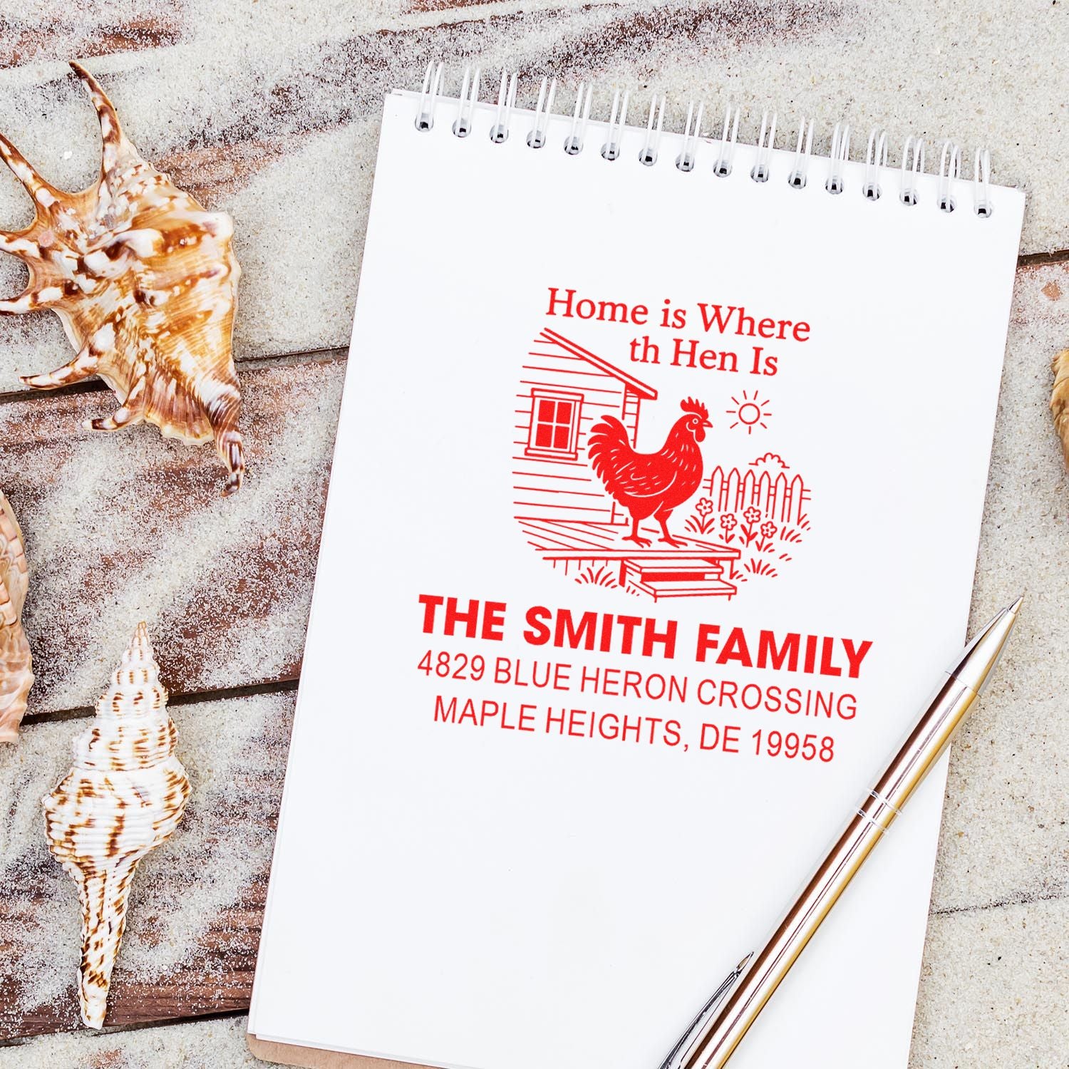 Custom rubber stamp for farmhouse home address, featuring Home is Where the Hen Is and family name.