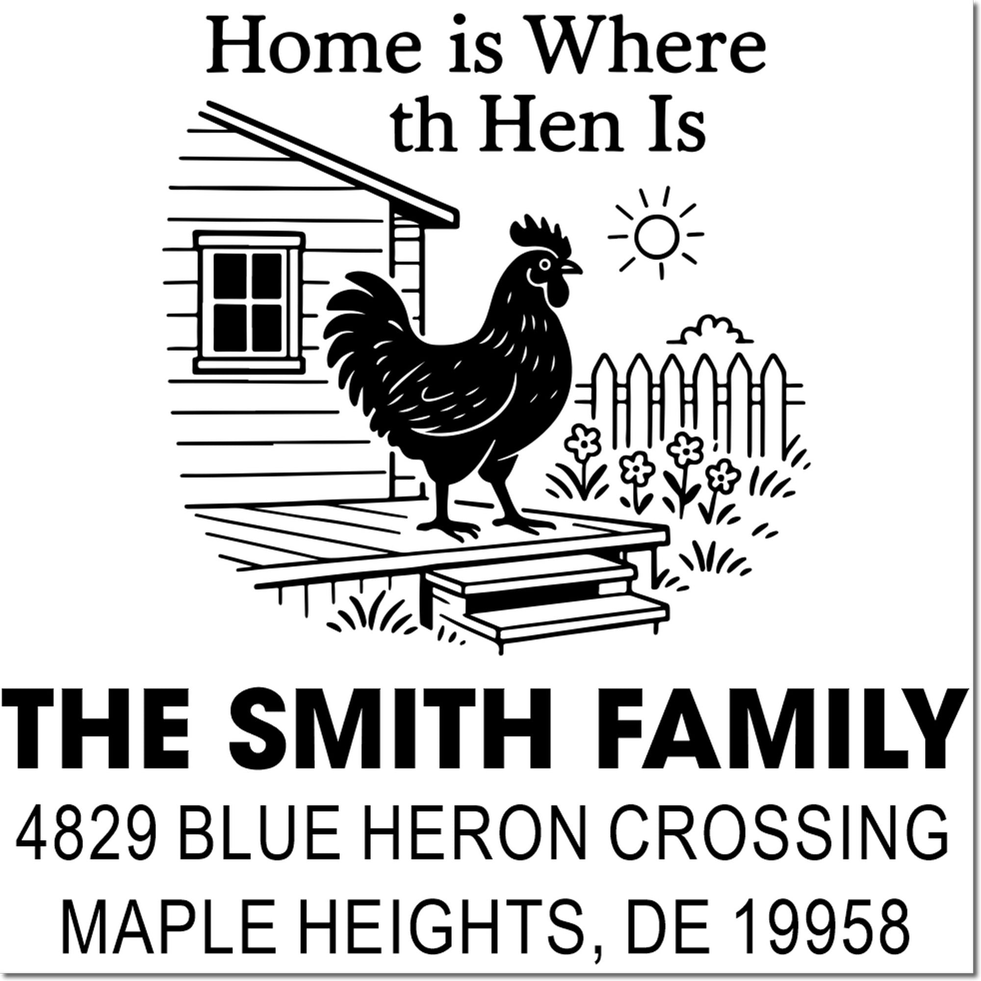Personalized rubber stamp design with rooster, farmhouse, and return address for The Smith Family, Maple Heights, DE.
