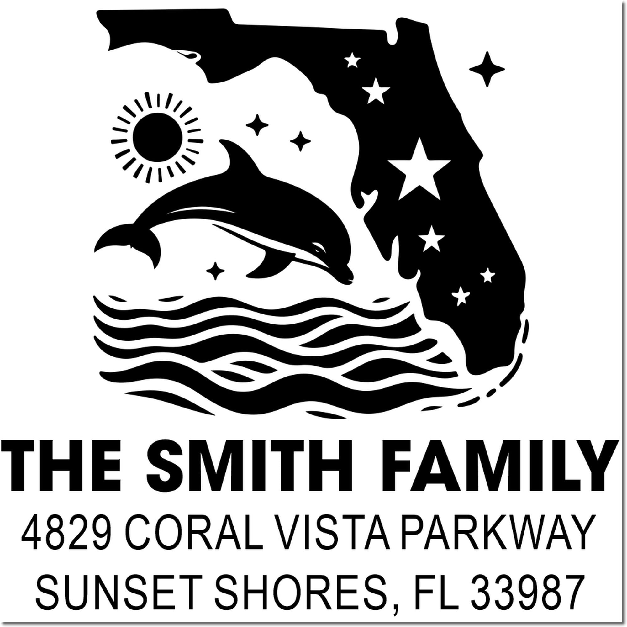 Custom Florida return address rubber stamp with dolphin design, The Smith Family name, and Sunset Shores, FL address.