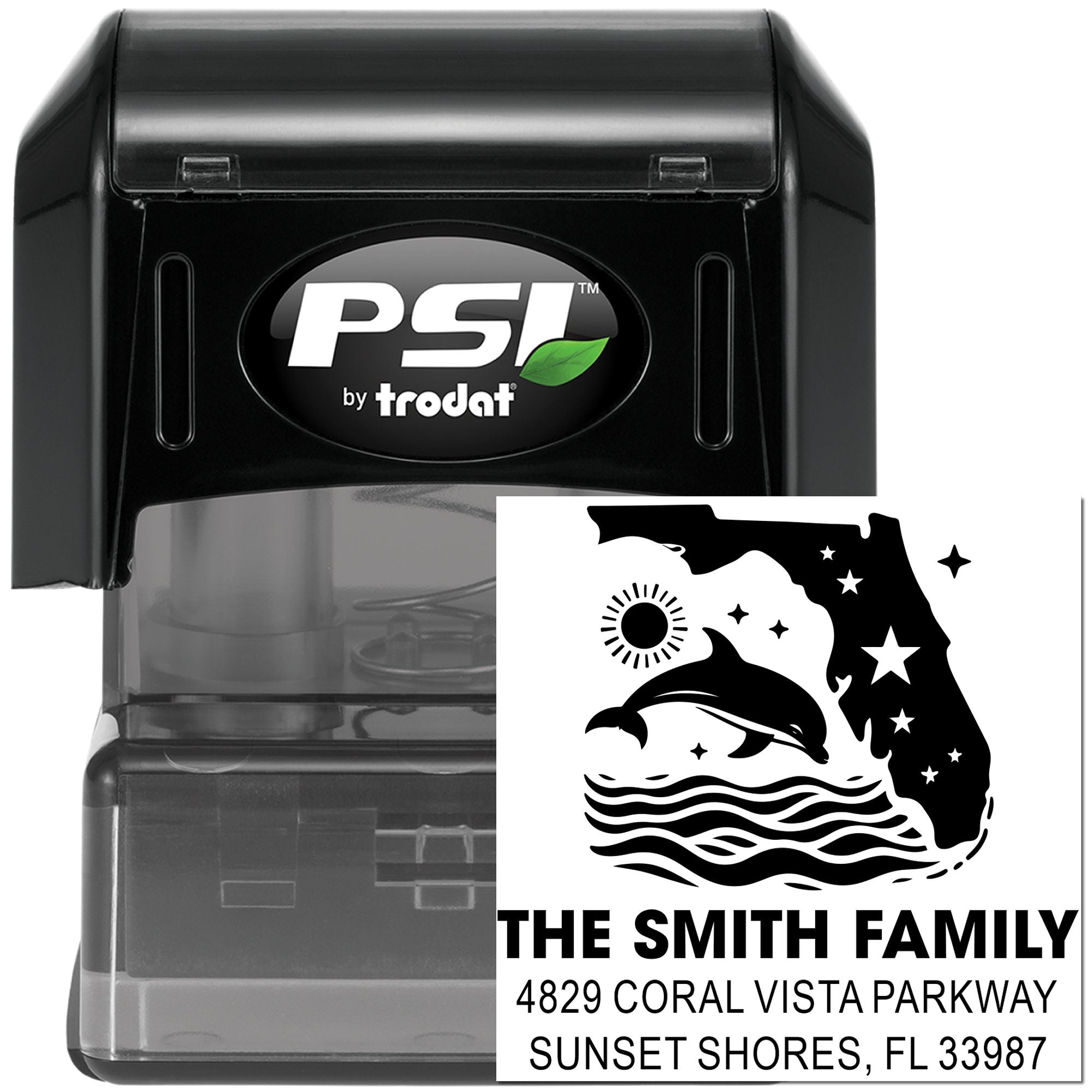 PSI by Trodat self-inking custom rubber address stamp with Florida dolphin design, family name, and return address imprint.