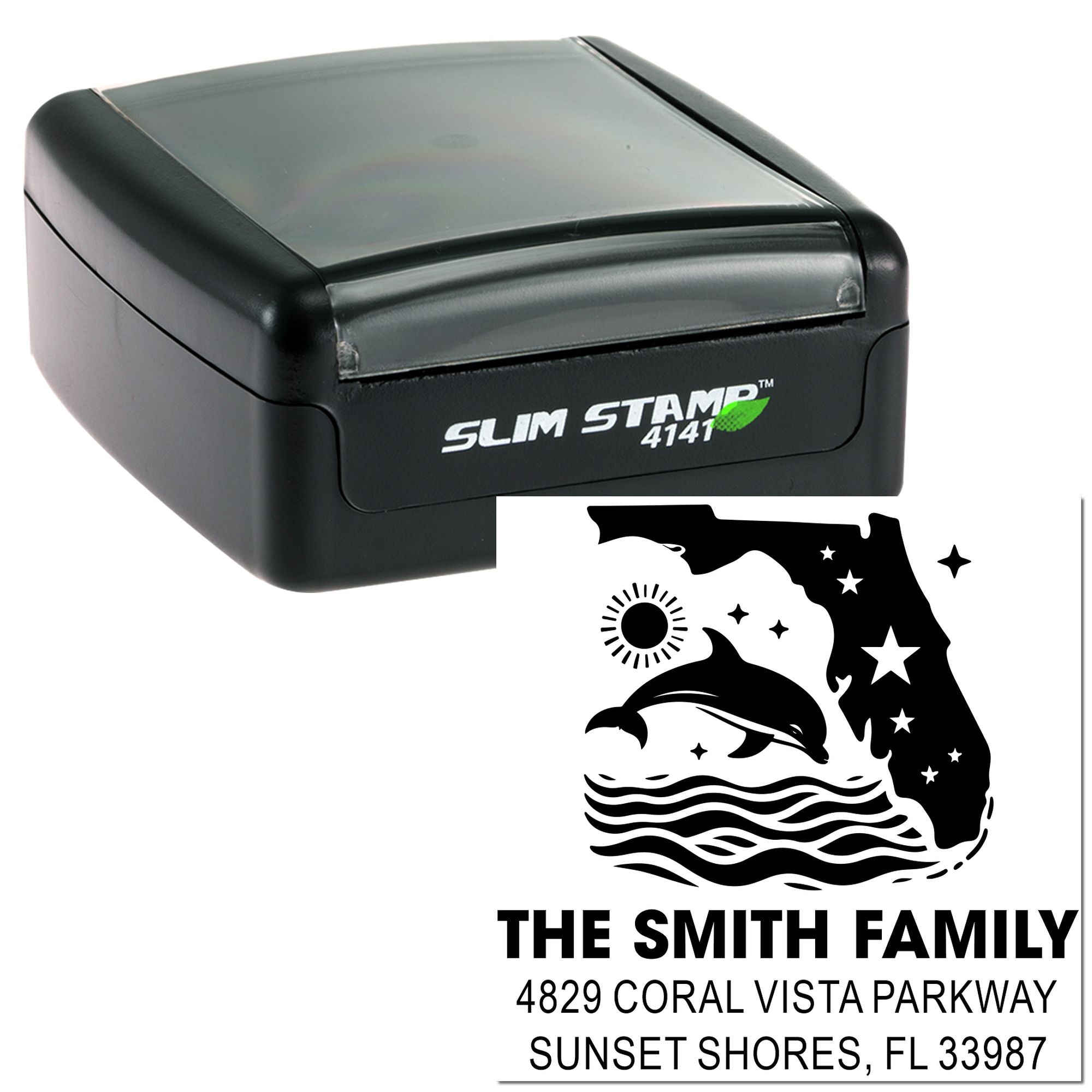 Custom Slim Stamp 4141 self-inking rubber stamp with Florida dolphin design, family name, and address for mailing labels.