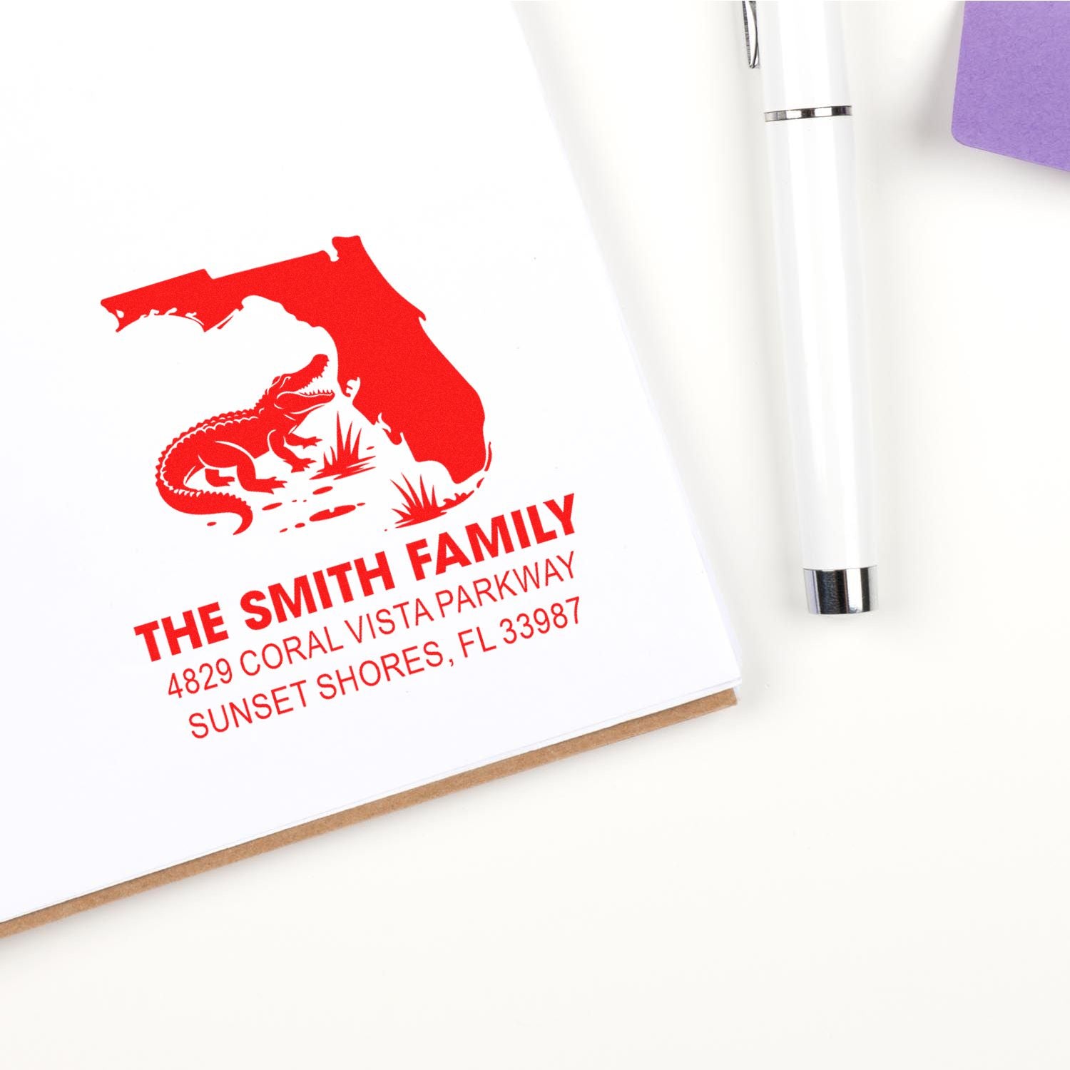 Custom Florida family address rubber stamp with alligator design and return address imprint
