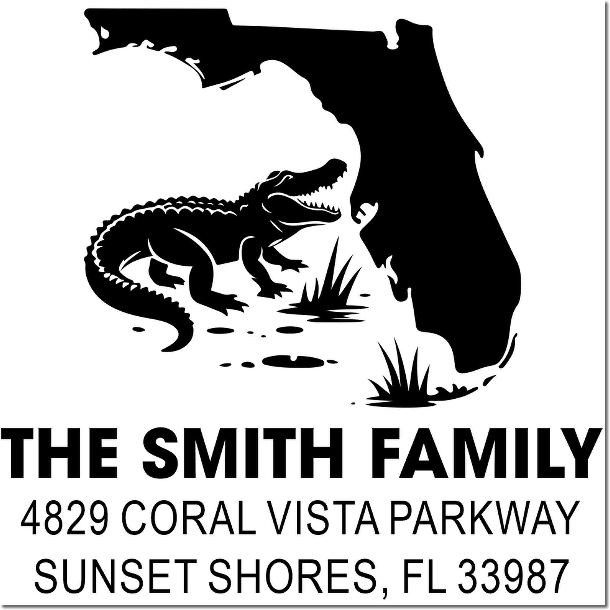 Custom Florida return address rubber stamp with alligator silhouette for The Smith Family, Sunset Shores, FL 33987