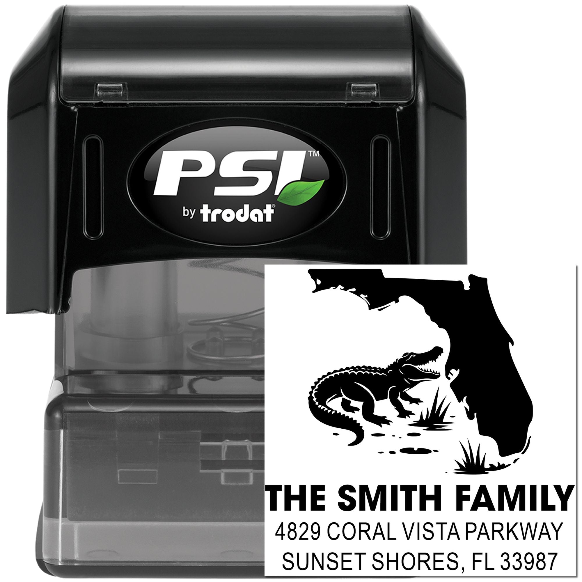 Custom Florida address rubber stamp with alligator design, self-inking PSI by Trodat stamp for family mailing labels.