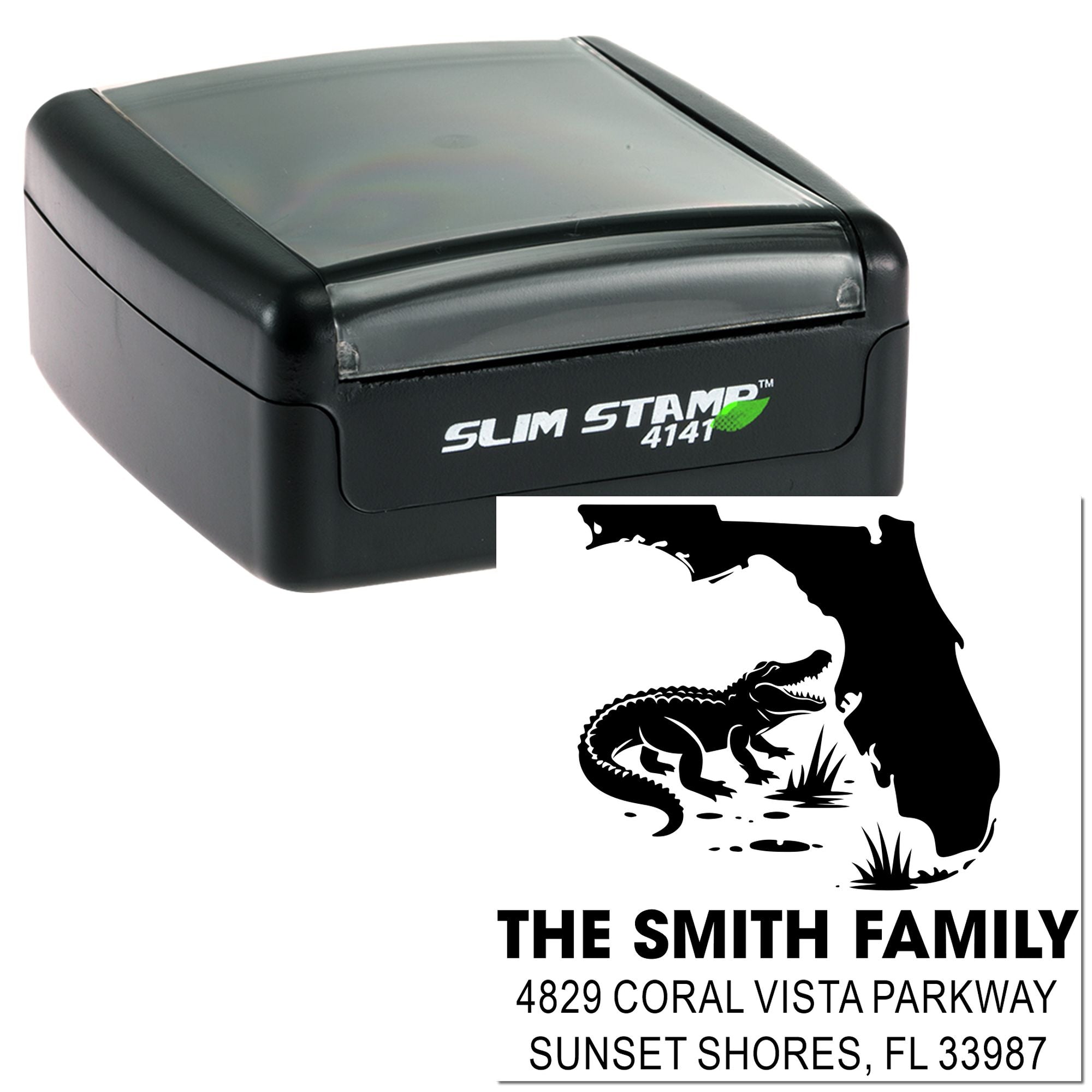 Custom self-inking return address rubber stamp with Florida alligator design for The Smith Family