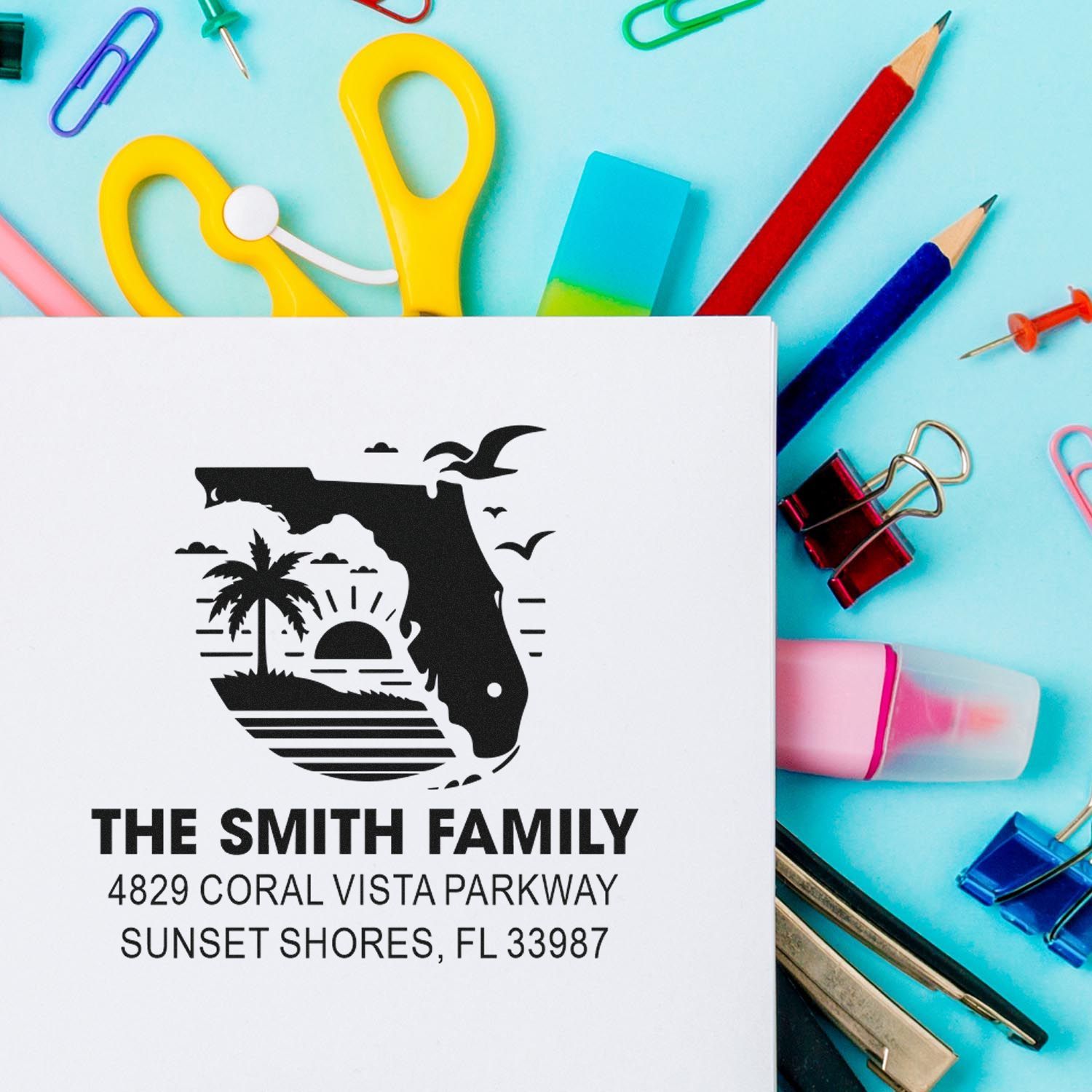 Custom return address rubber stamp with Florida sunset design for The Smith Family, personalized mailing stamp.