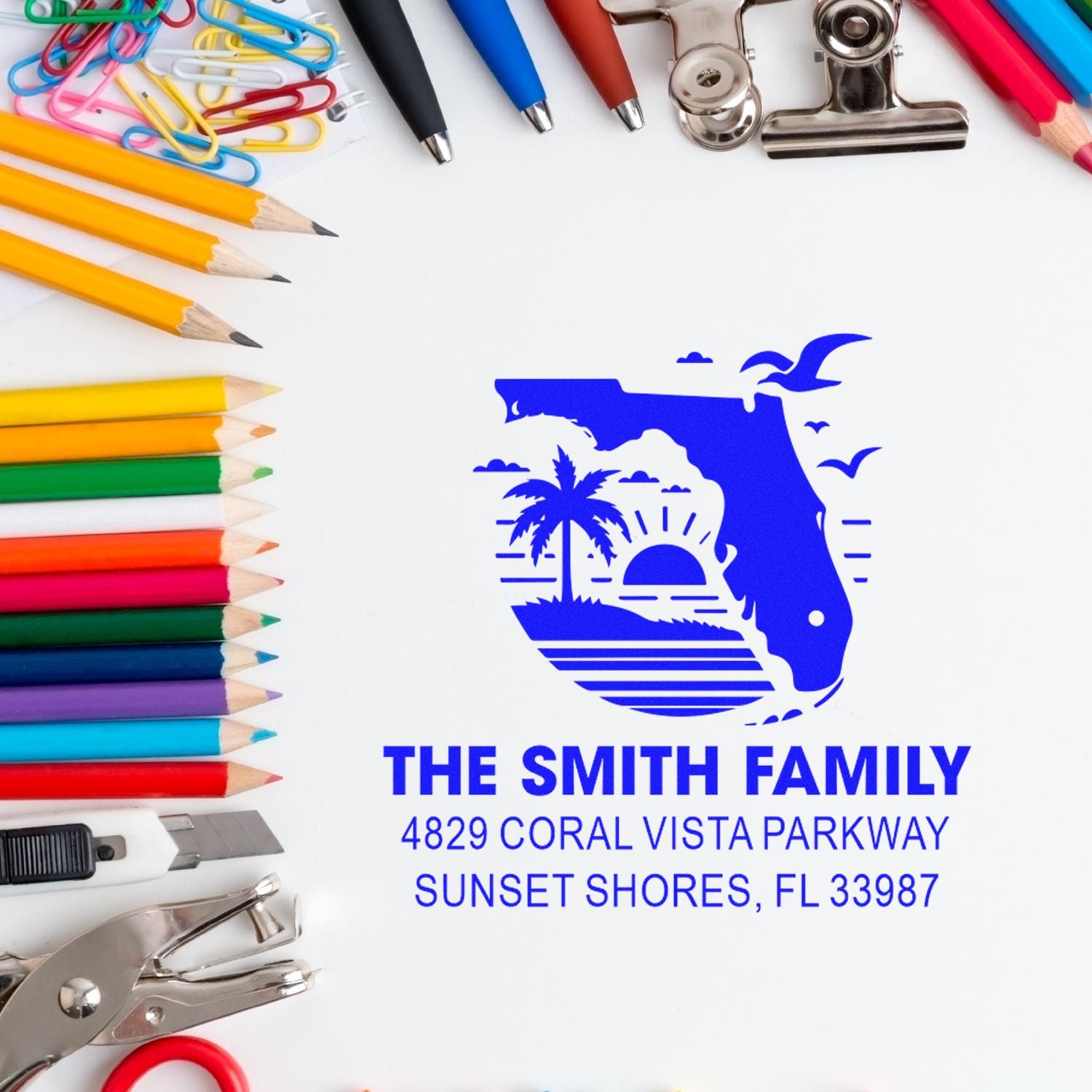 Custom Florida address rubber stamp with palm tree design for personalized stationery, mailing labels, and family correspondence.