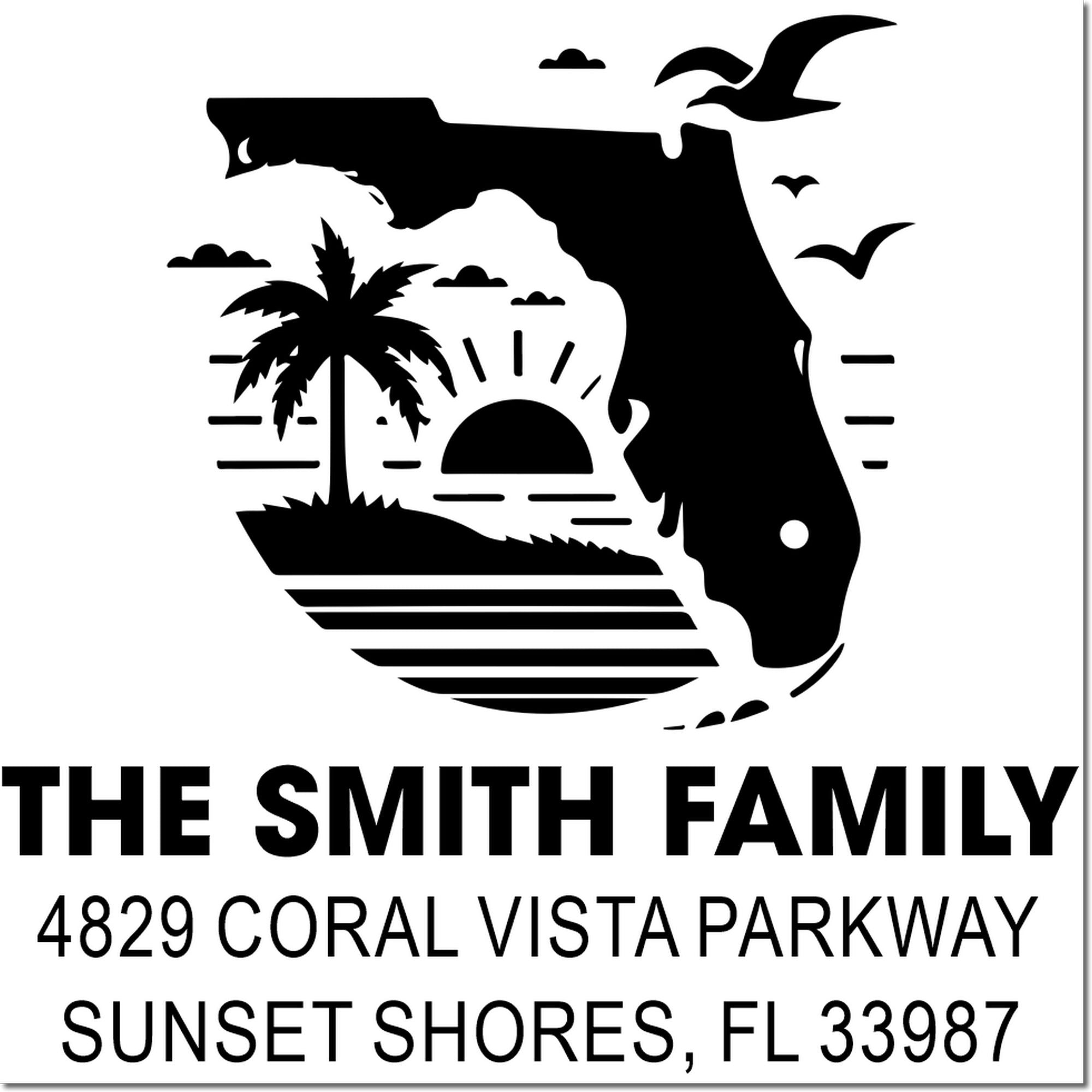 Custom Florida return address rubber stamp with palm sunset design for The Smith Family, Sunset Shores, FL 33987