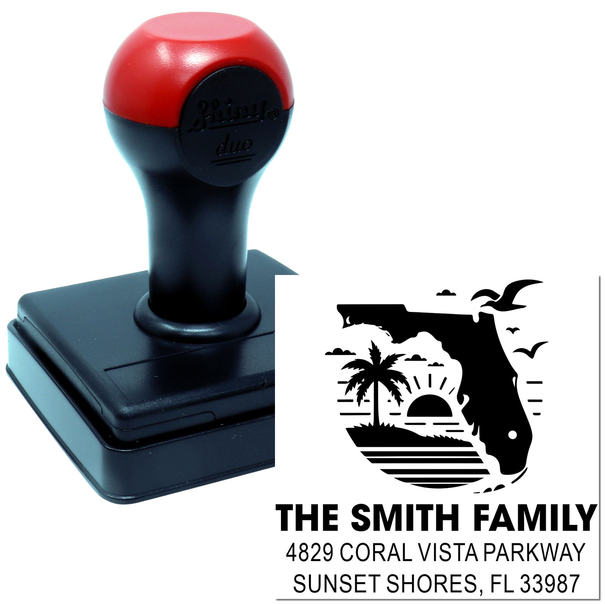 Custom self-inking Florida address rubber stamp for The Smith Family, featuring Coral Vista Parkway, Sunset Shores FL address.
