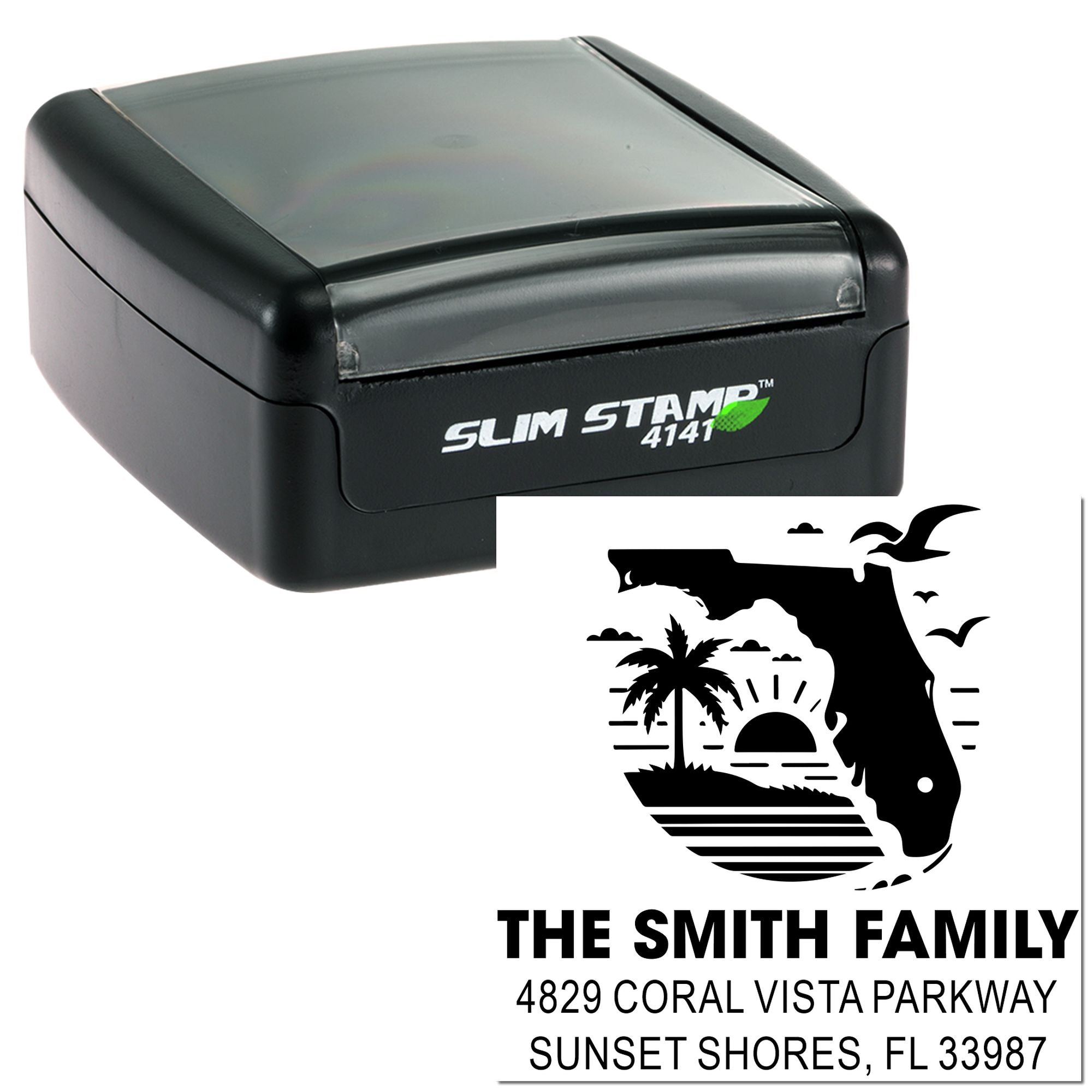 Slim Stamp 4141 custom Florida return address rubber stamp with family name, sunset design, and mailing address imprint.