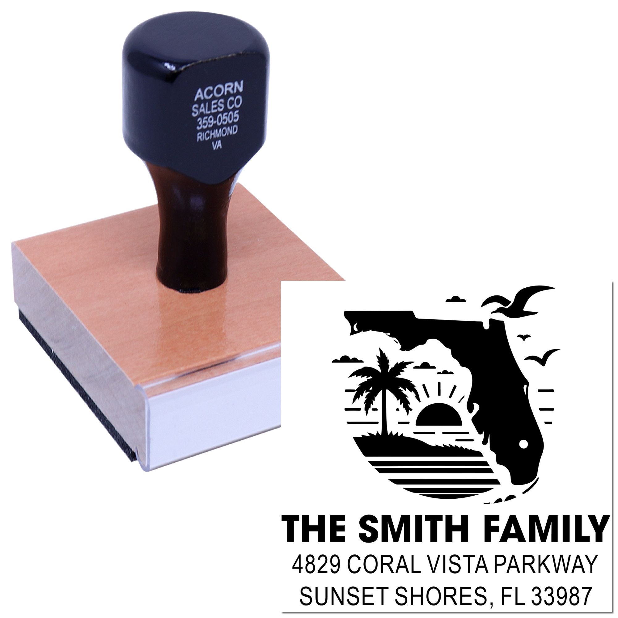 Custom Florida return address rubber stamp featuring The Smith Family and coastal sunset design
