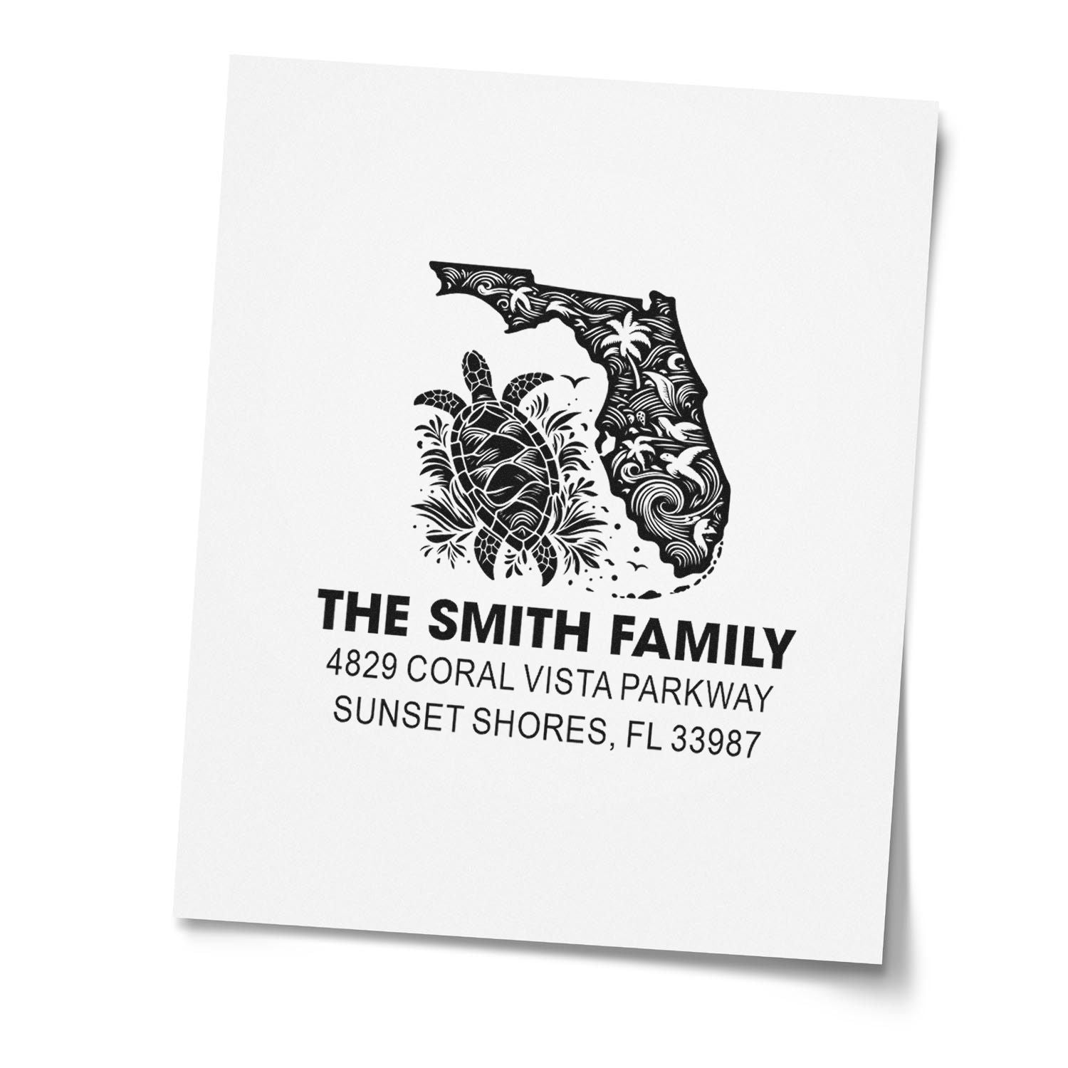 Custom family return address rubber stamp with Florida turtle design for personalized stationery.