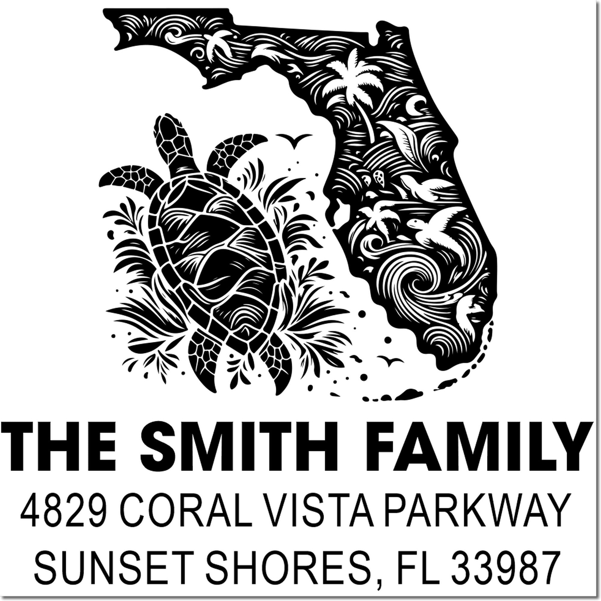 Florida custom address rubber stamp with sea turtle and beach design for The Smith Family, 4829 Coral Vista Parkway, Sunset Shores, FL 33987