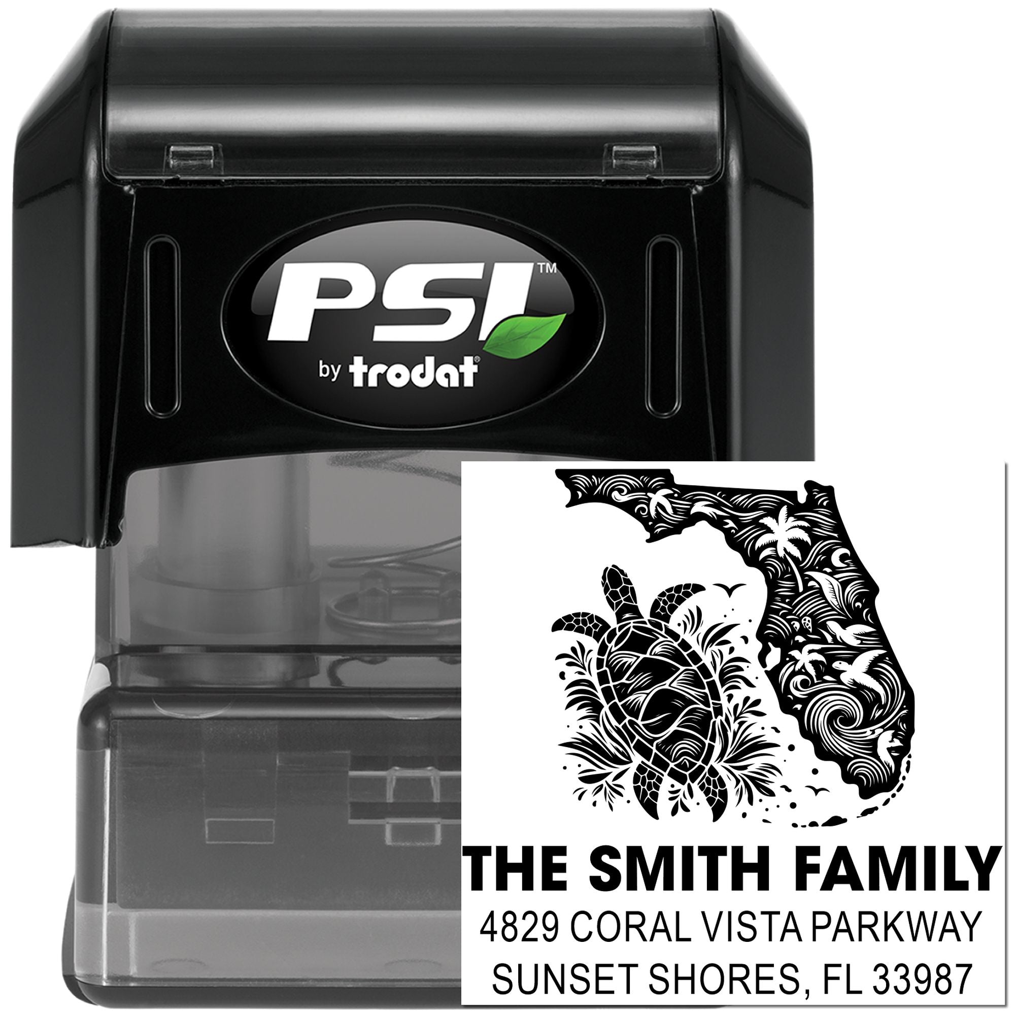 Custom self-inking address rubber stamp with Florida turtle design, PSI by Trodat, for family mail and return addresses.
