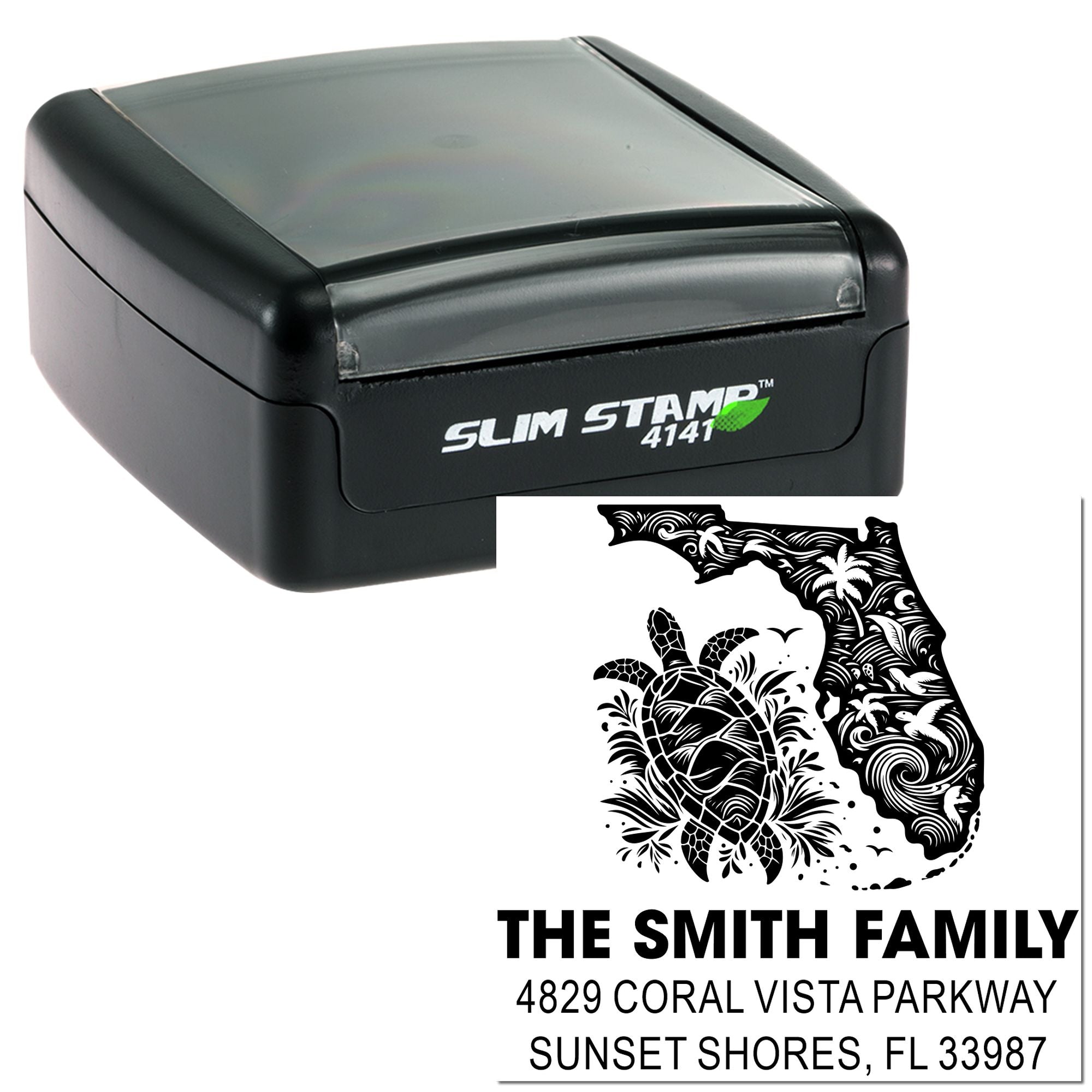 Slim Stamp 4141 custom address rubber stamp with Florida turtle design for The Smith Family return address imprint