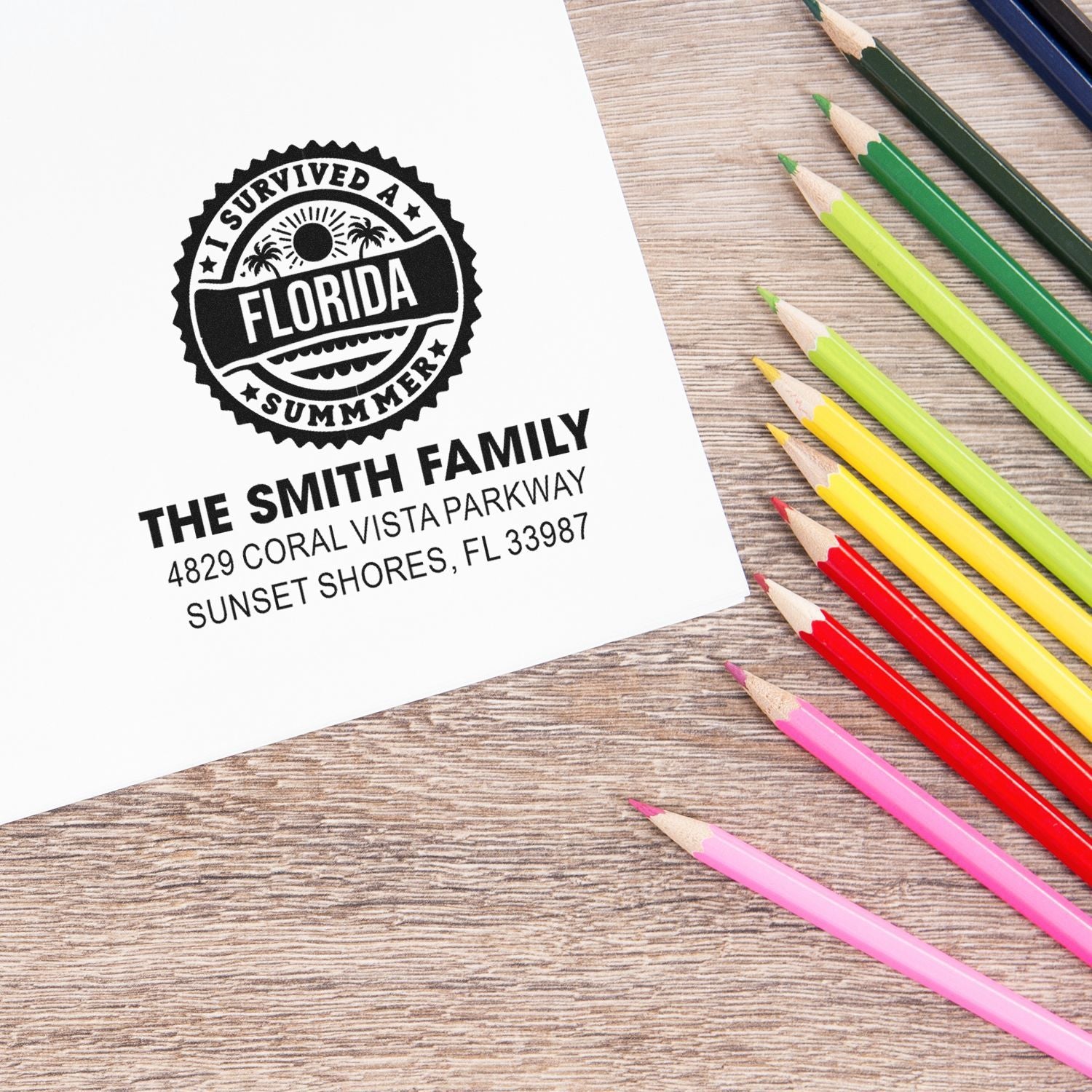 Custom rubber address stamp with Florida summer design for family mailings and personalized stationery