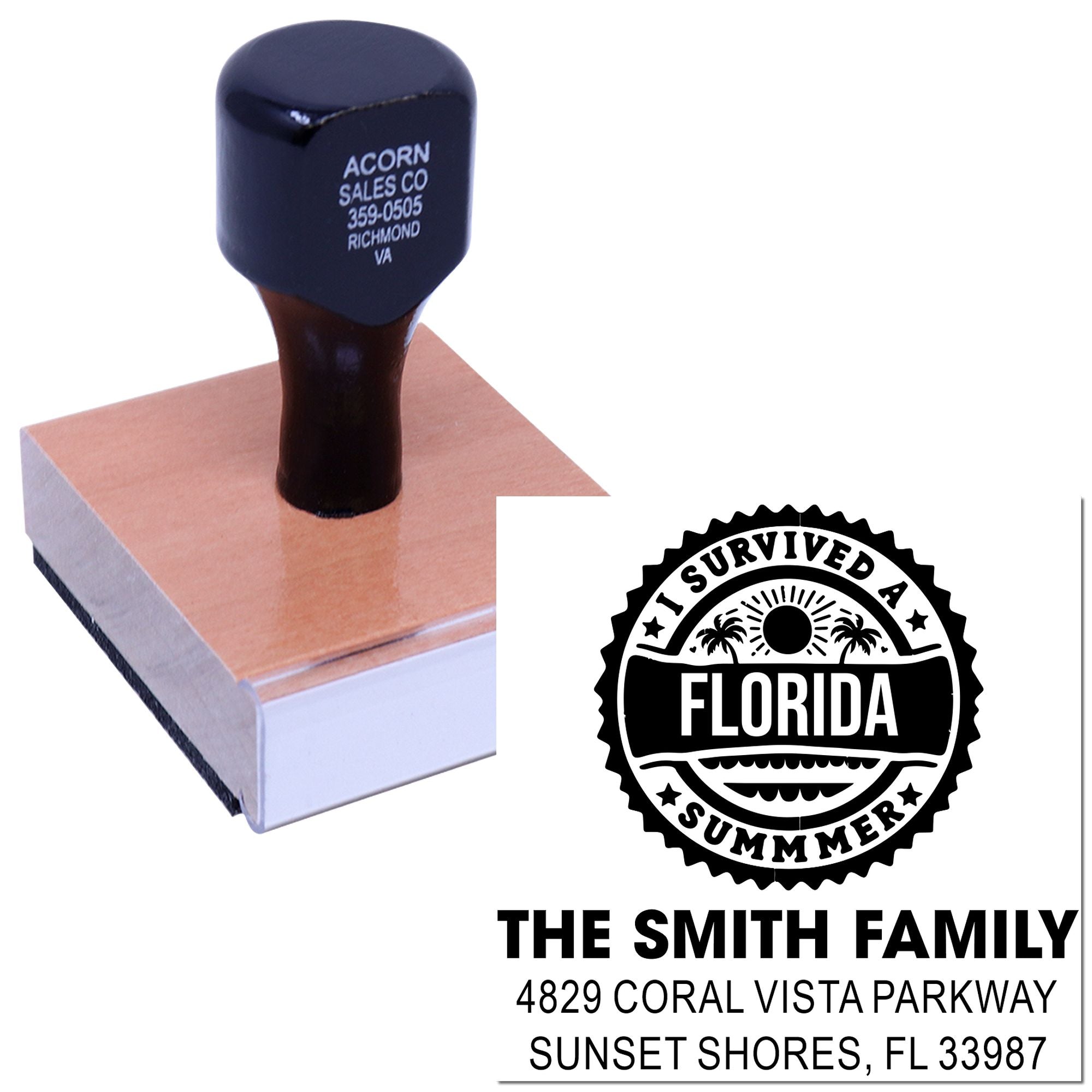 Custom rubber return address stamp with Florida I Survived a Summer design for personalized family mailing.