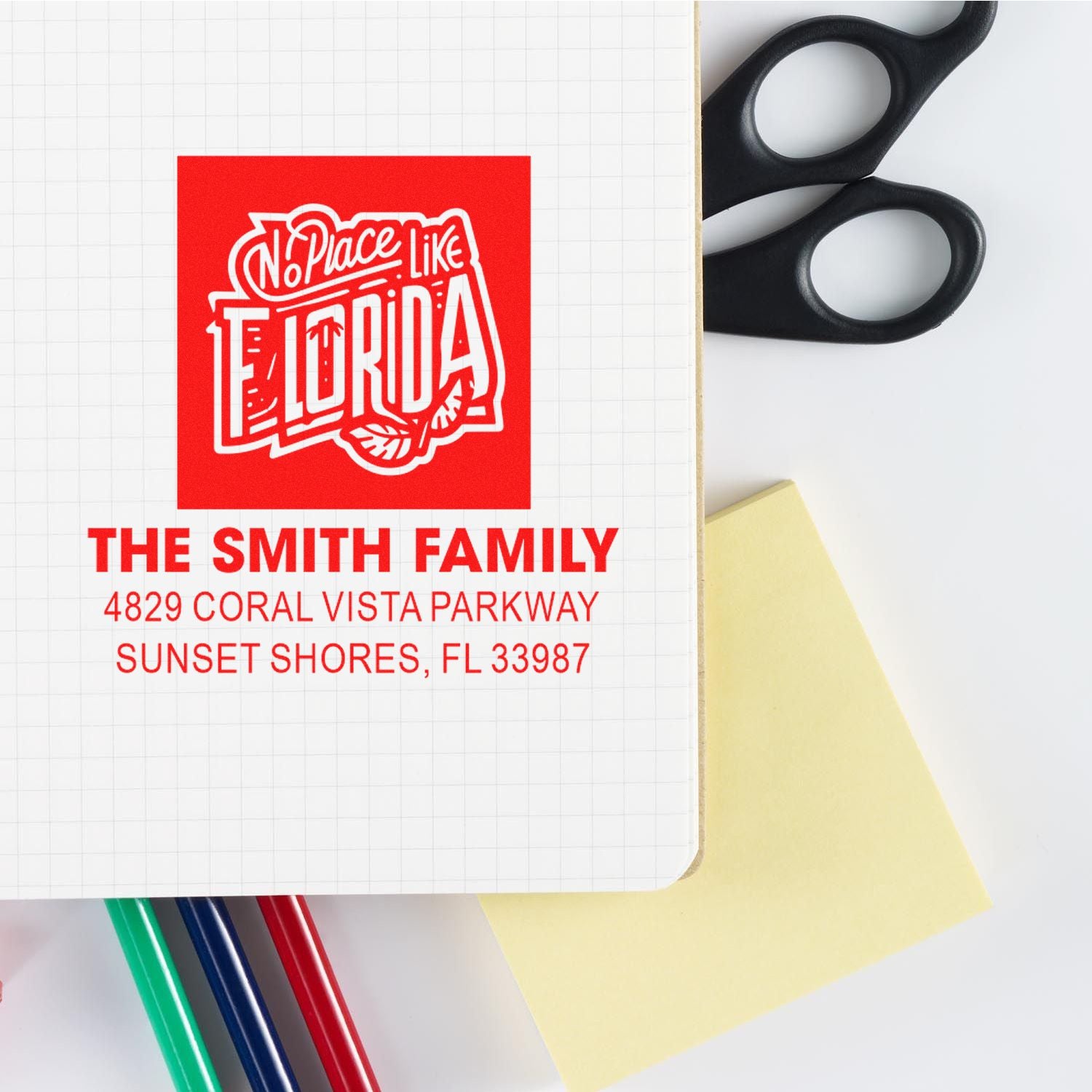Custom Florida family address rubber stamp for personalized mail, featuring The Smith Family and Sunset Shores, FL.