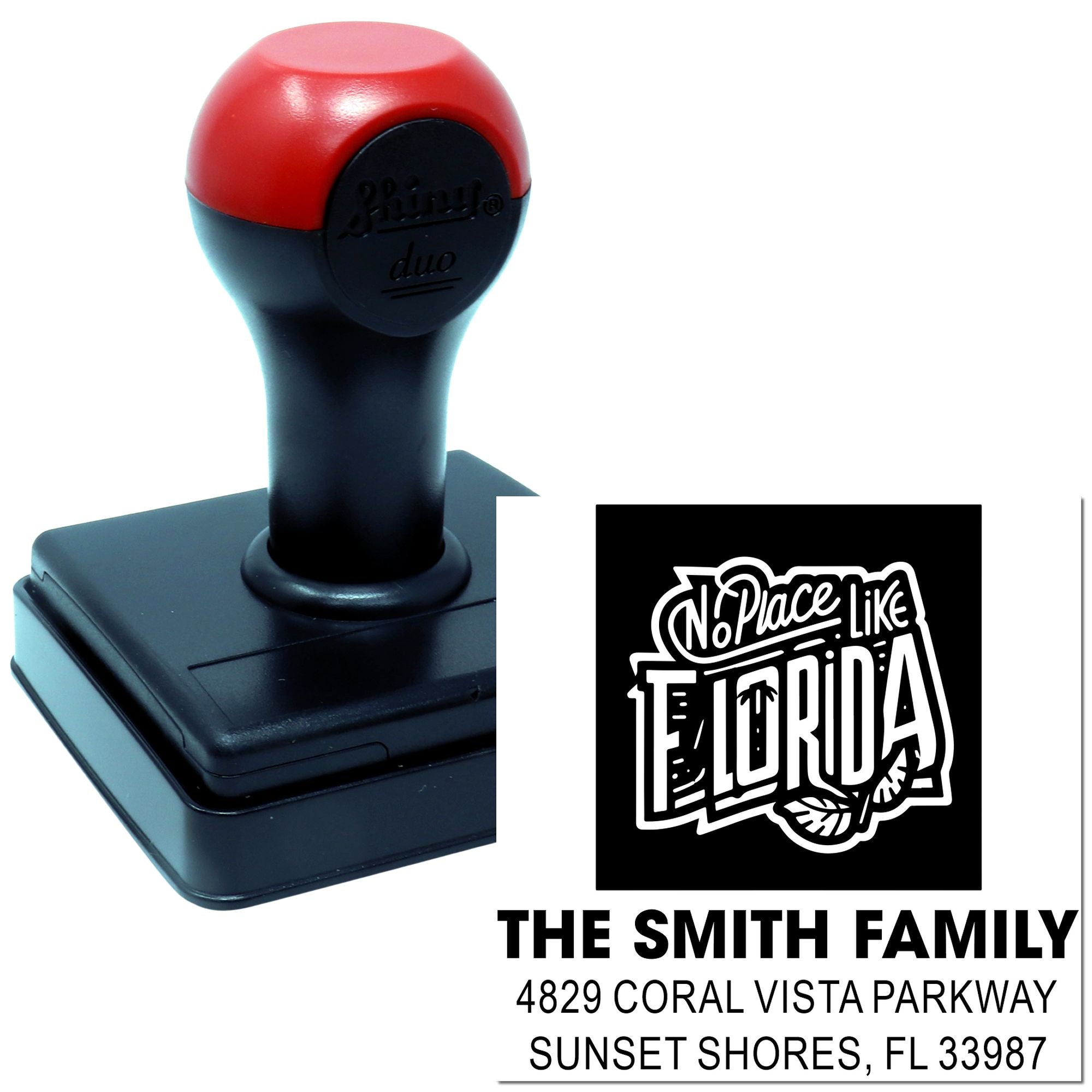 Custom self-inking rubber address stamp with "No Place Like Florida" design for The Smith Family, Sunset Shores, FL.