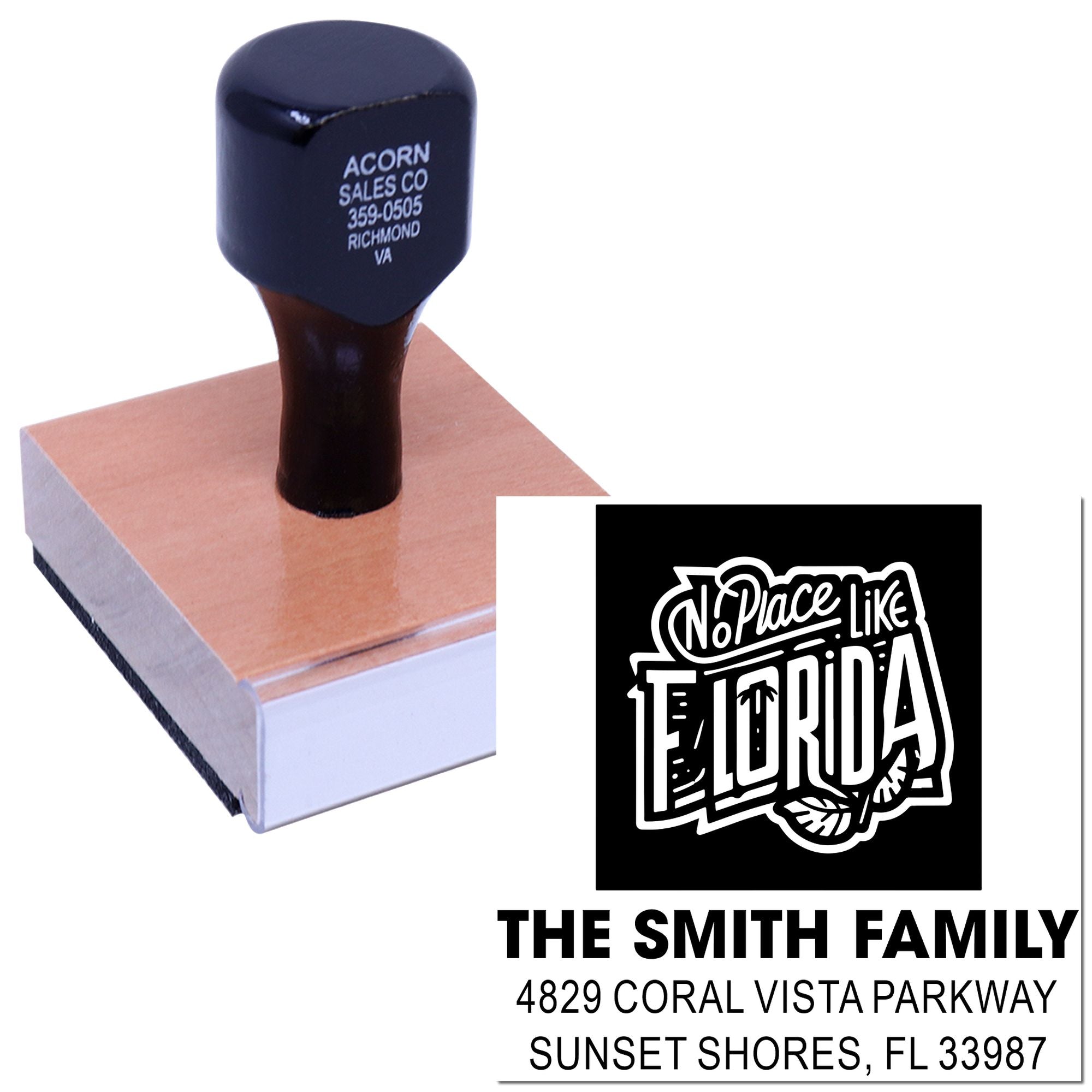 Custom rubber address stamp with No Place Like Florida design and The Smith Family return address imprint.