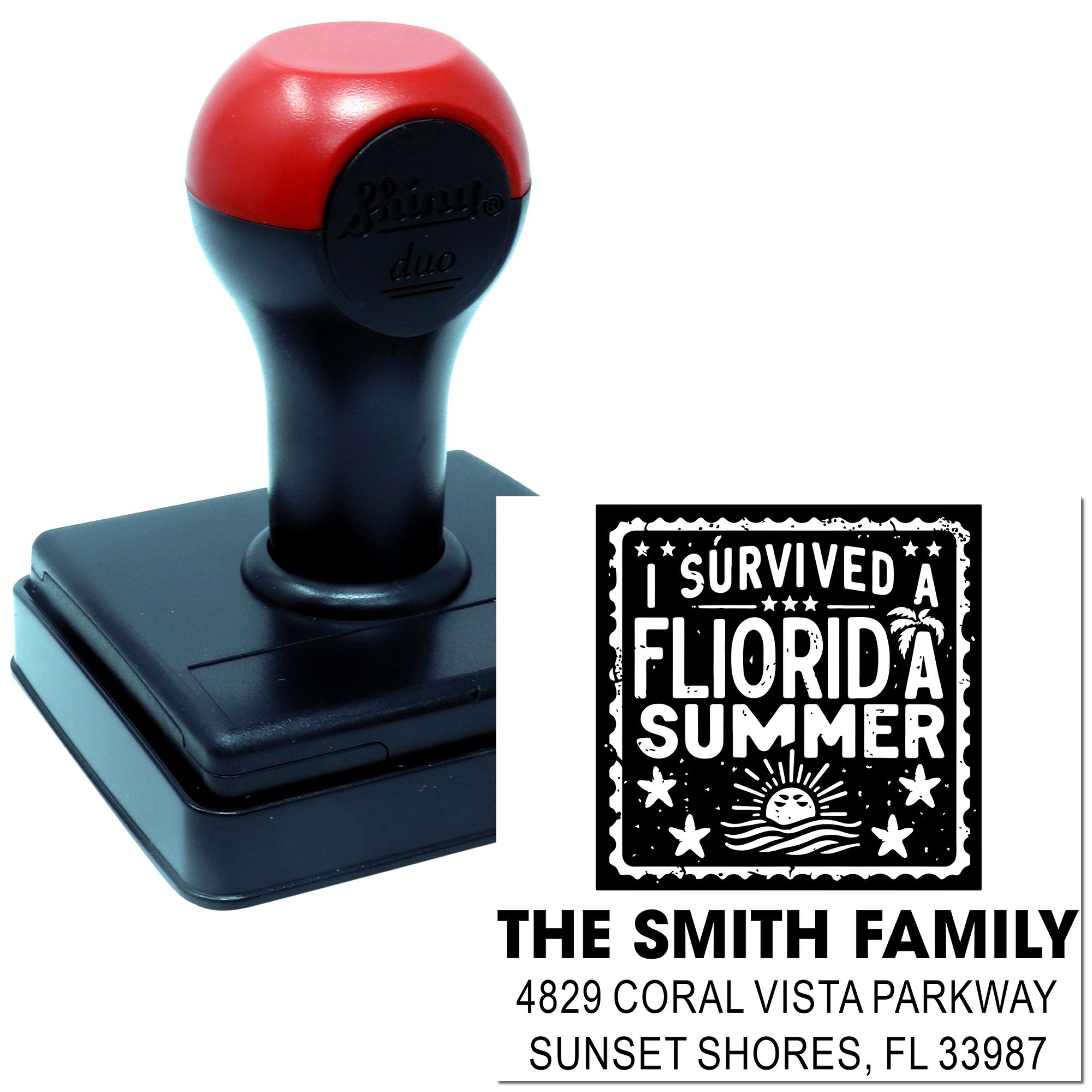 Custom self-inking rubber stamp with I Survived a Florida Summer design for Smith family return address labeling.