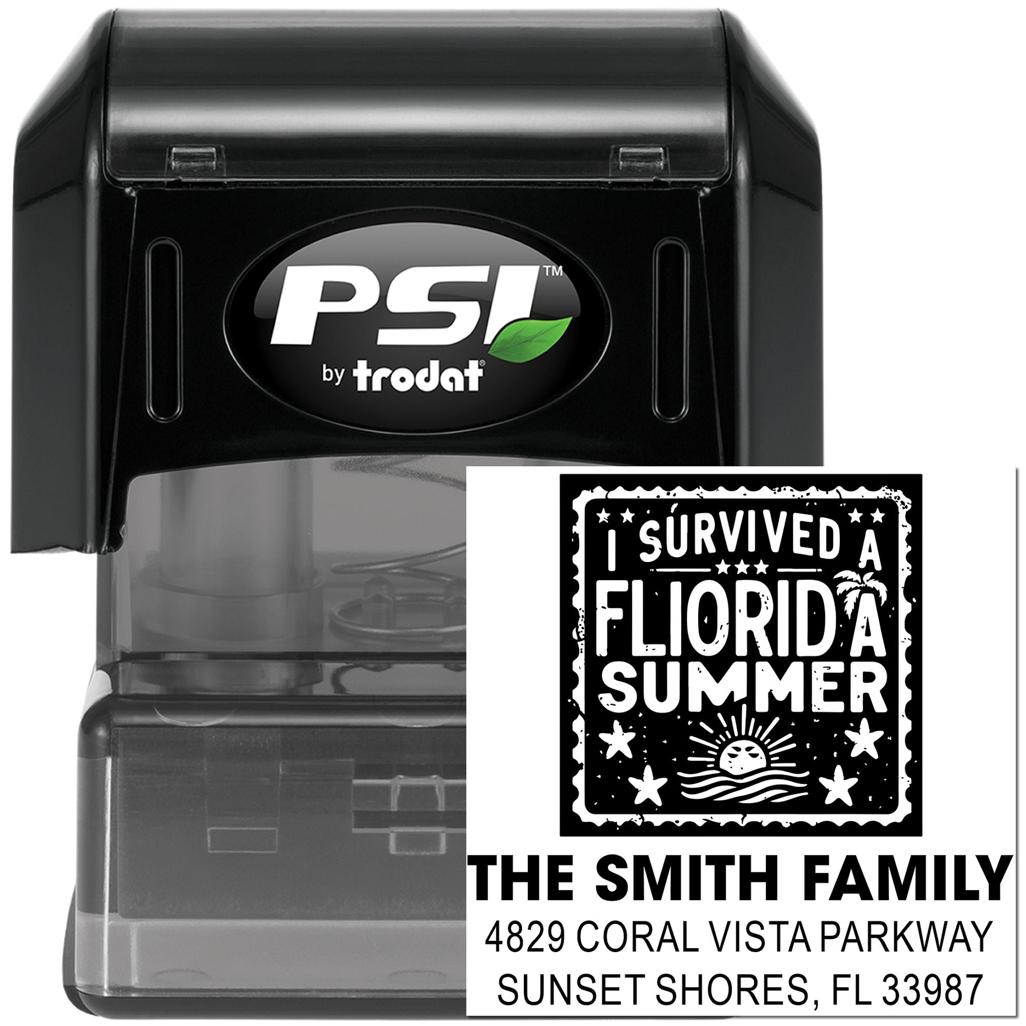 Custom self-inking address rubber stamp with I Survived a Florida Summer design for The Smith Family.