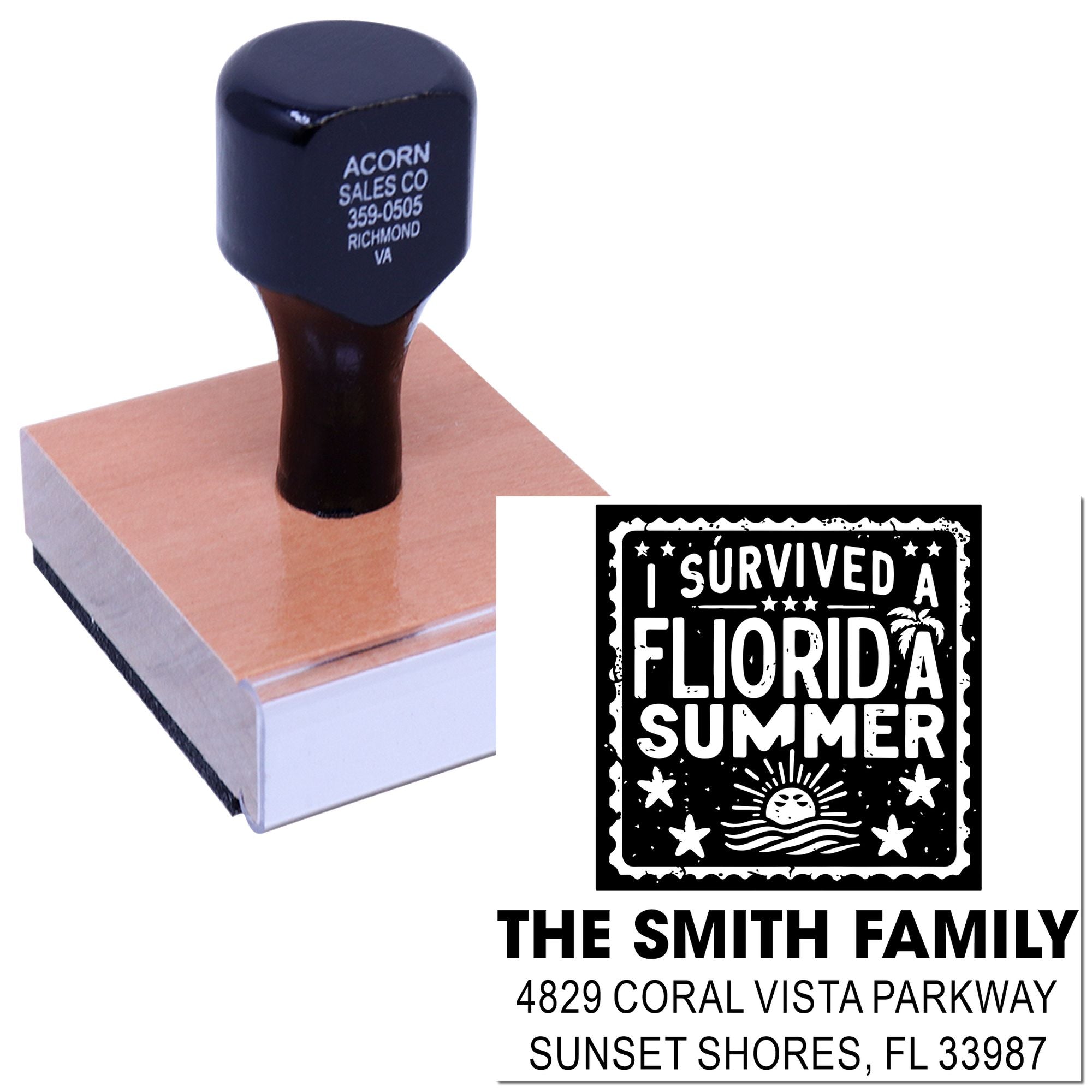Custom rubber address stamp featuring I Survived a Florida Summer design and The Smith Family mailing address.