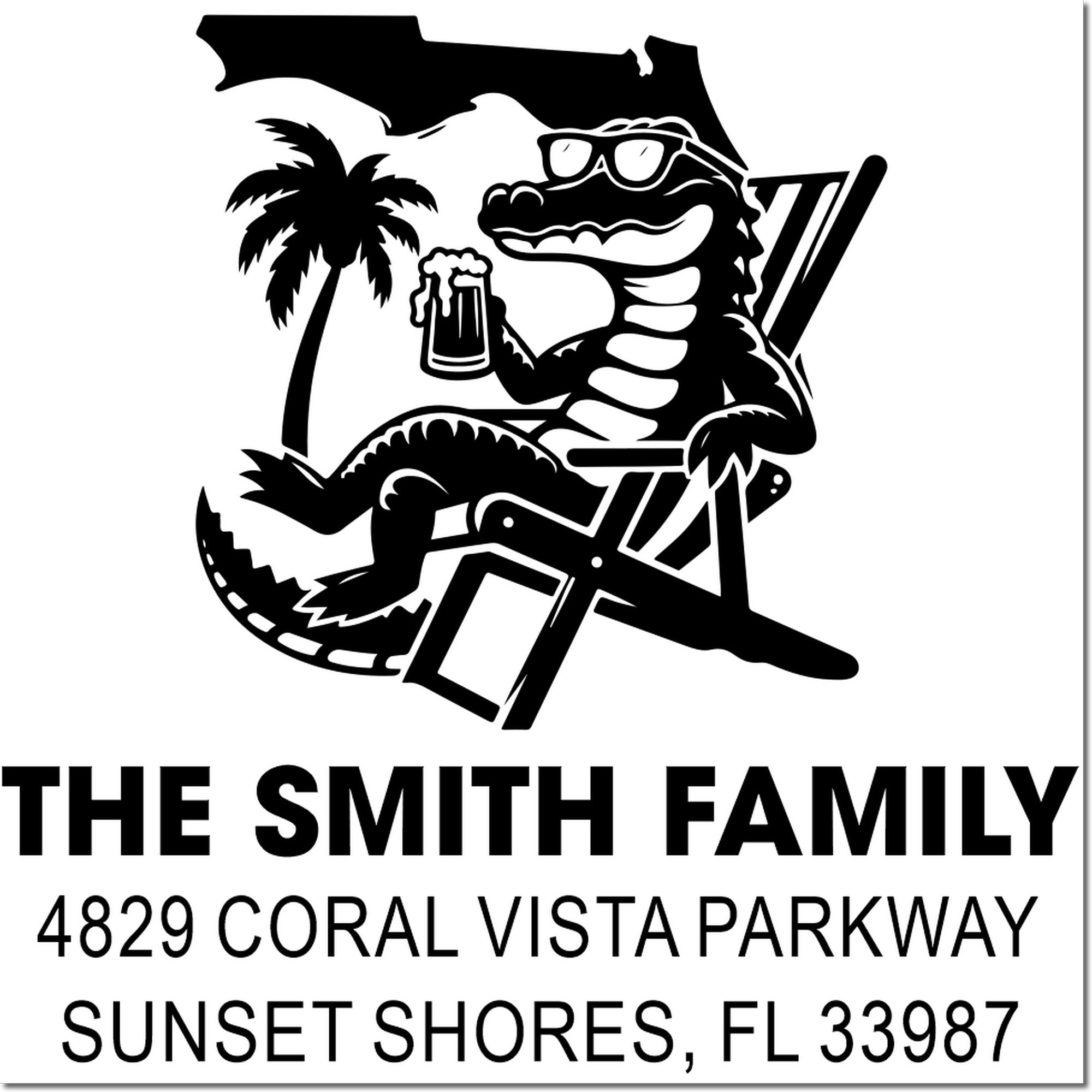 Custom family address rubber stamp with Florida gator design, The Smith Family, Coral Vista Parkway, Sunset Shores, FL 33987