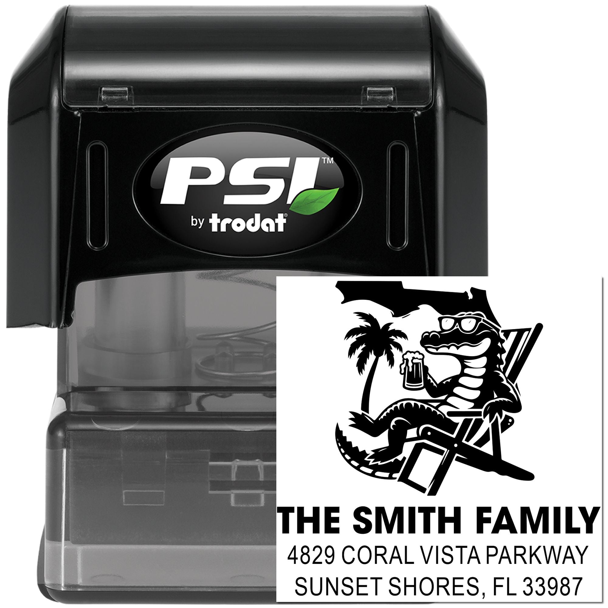 Custom self-inking PSI by Trodat rubber stamp with Florida alligator family design and address for The Smith Family.