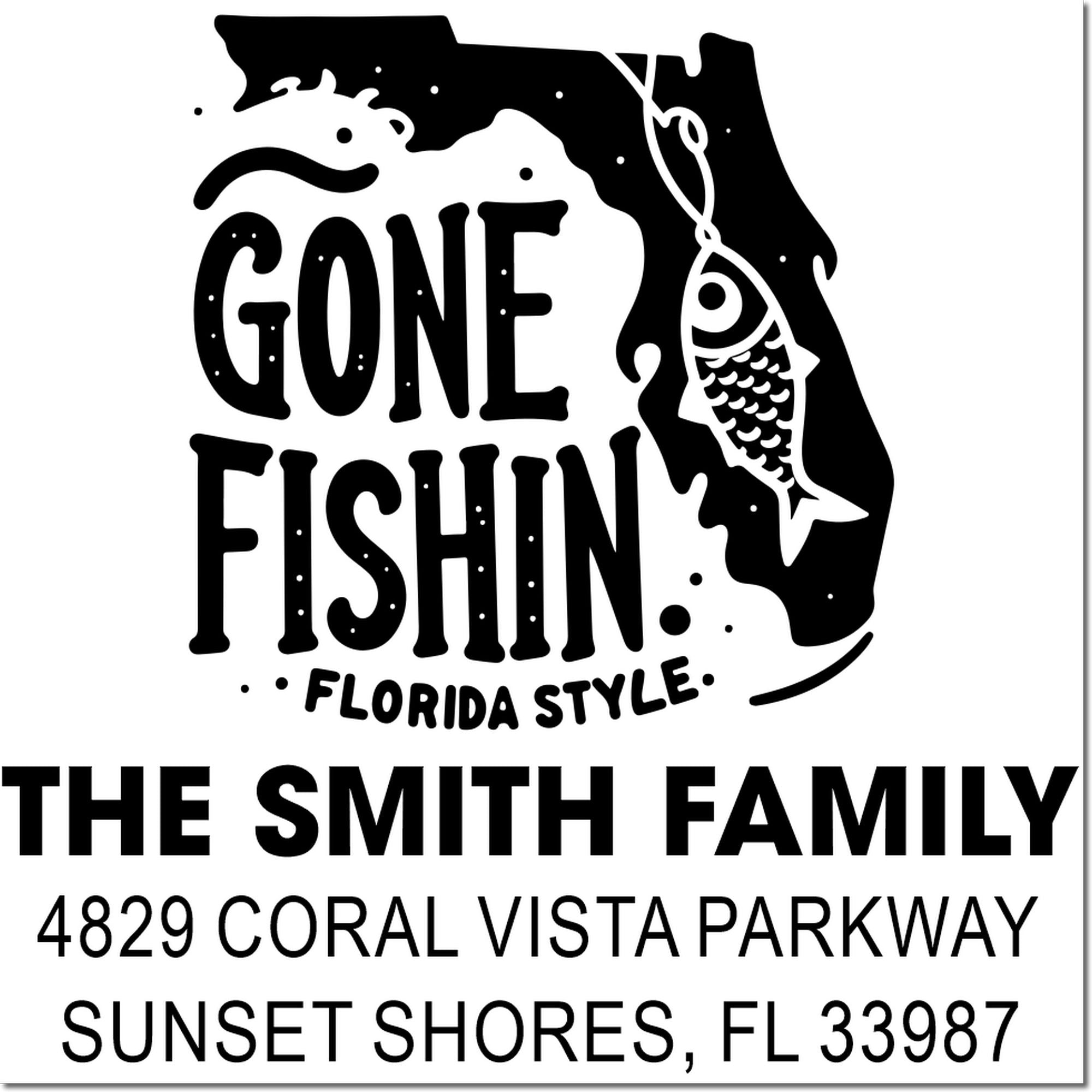 Custom rubber stamp design with Gone Fishin' Florida style, Smith family name, and Sunset Shores, FL address.