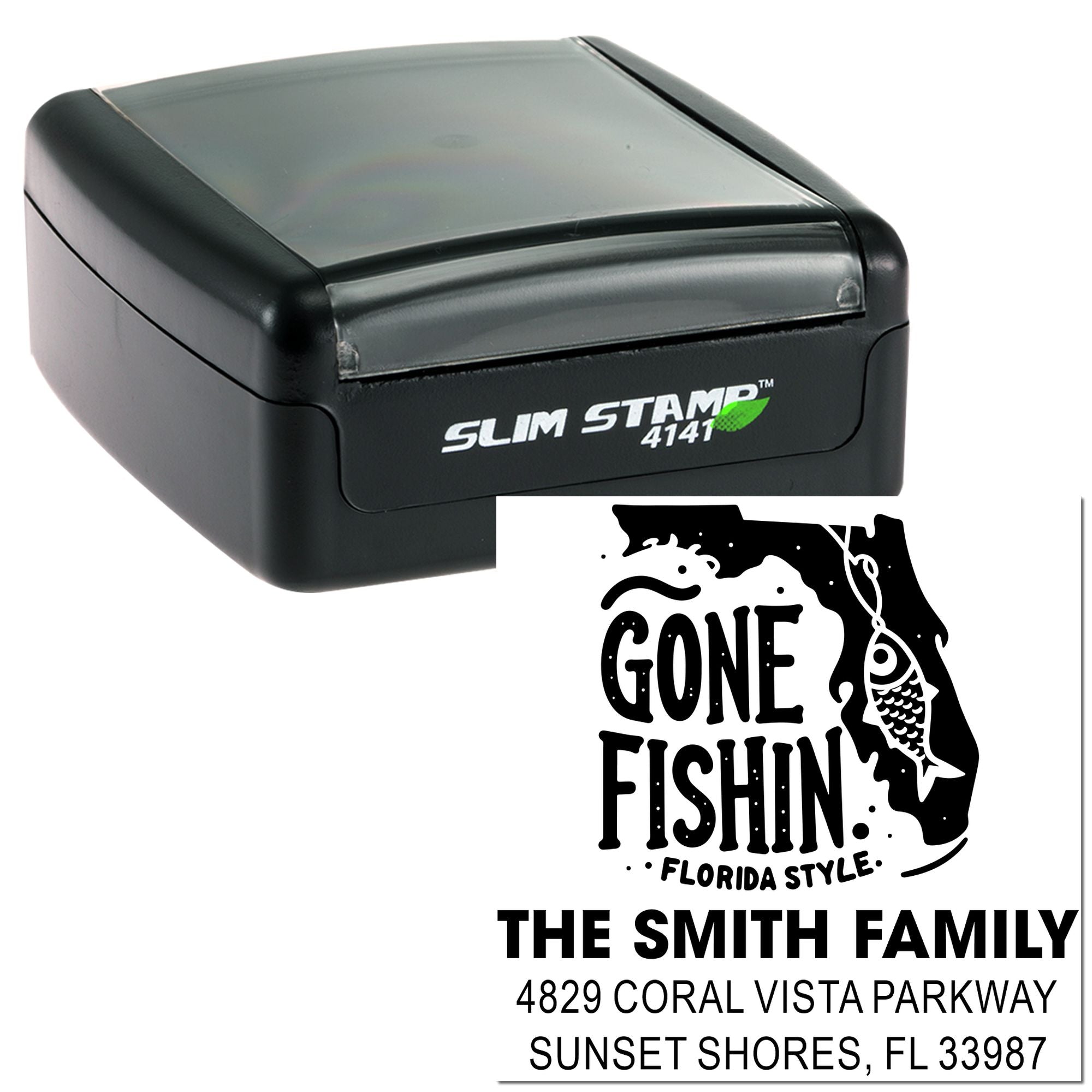 Slim self-inking custom rubber stamp with Gone Fishin' Florida Style return address for The Smith Family.