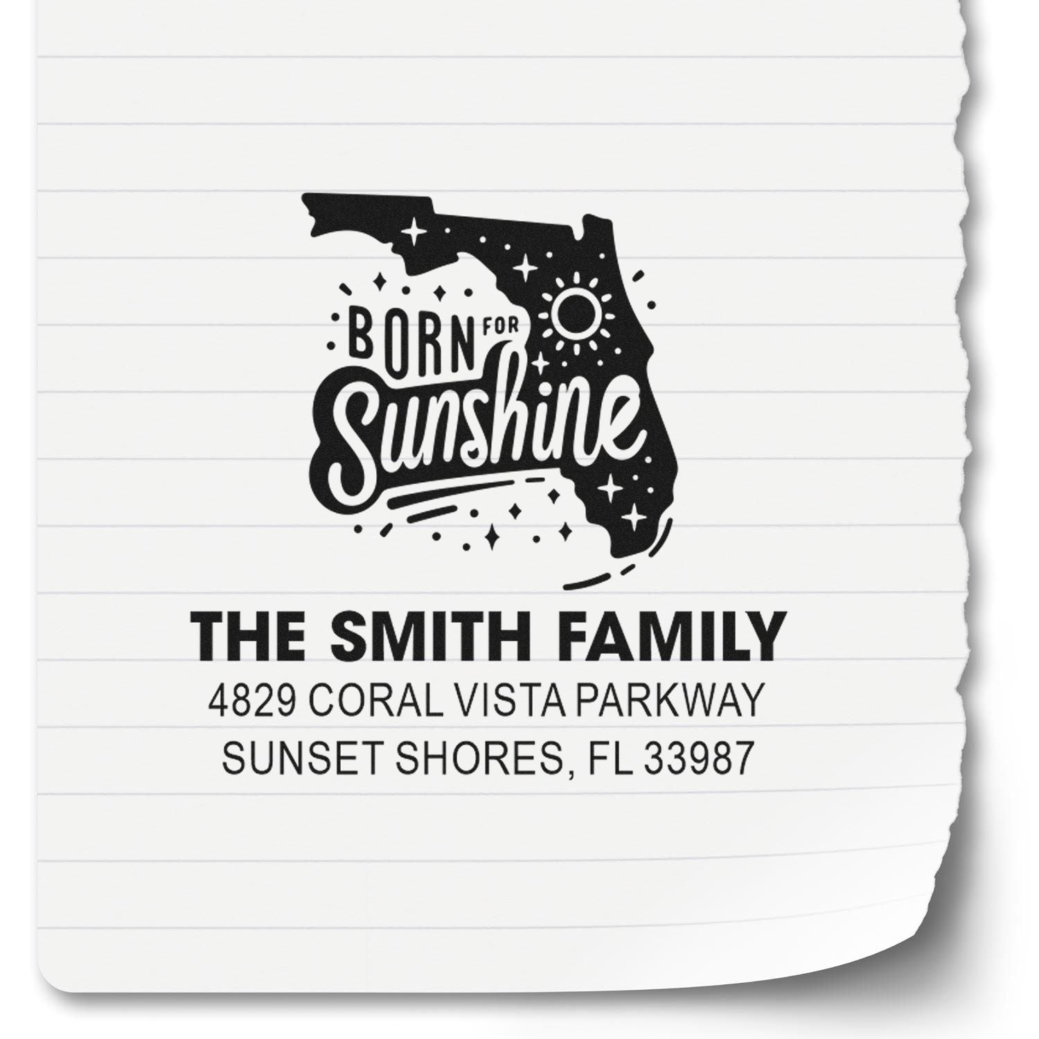 Personalized Florida return address rubber stamp with Born for Sunshine design for The Smith Family.