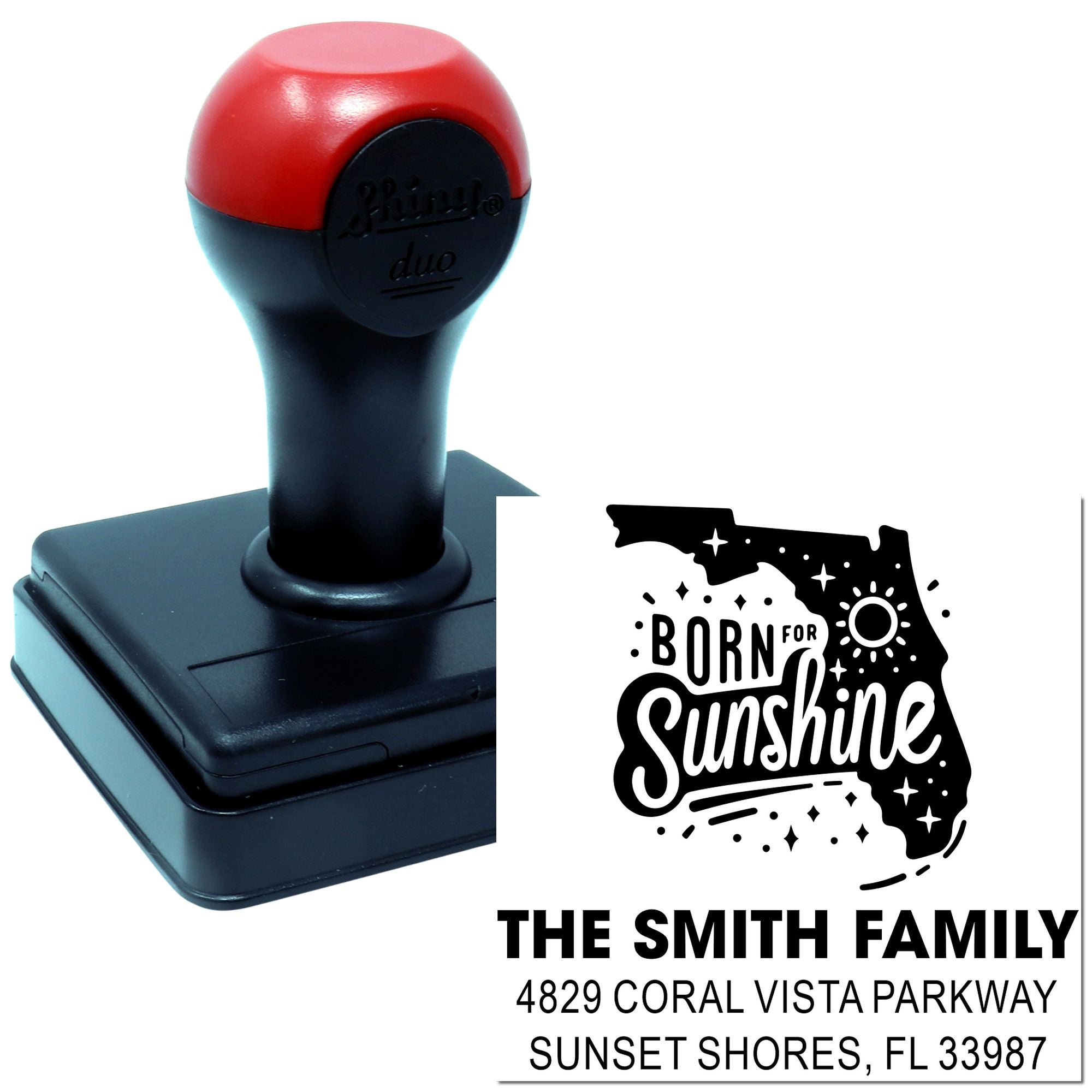 Personalized self-inking Florida address rubber stamp for The Smith Family with Born for Sunshine design and Sunset Shores, FL address.