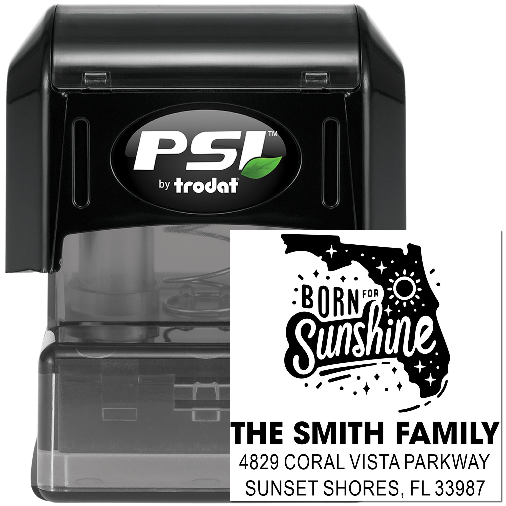 PSI by Trodat custom self-inking rubber address stamp with Florida Born for Sunshine family return address design