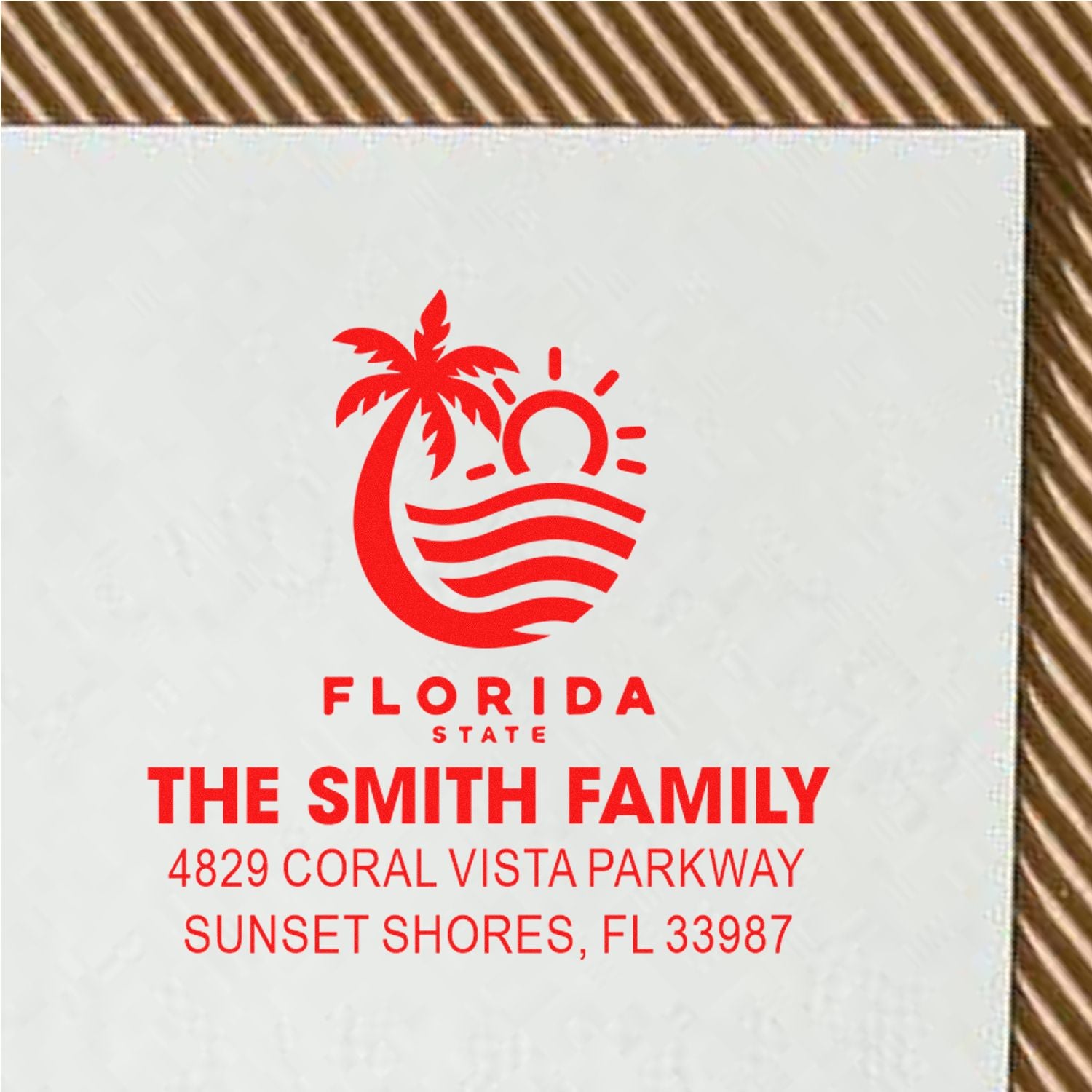 Custom Florida return address rubber stamp for The Smith Family, featuring 4829 Coral Vista Parkway, Sunset Shores, FL 33987.