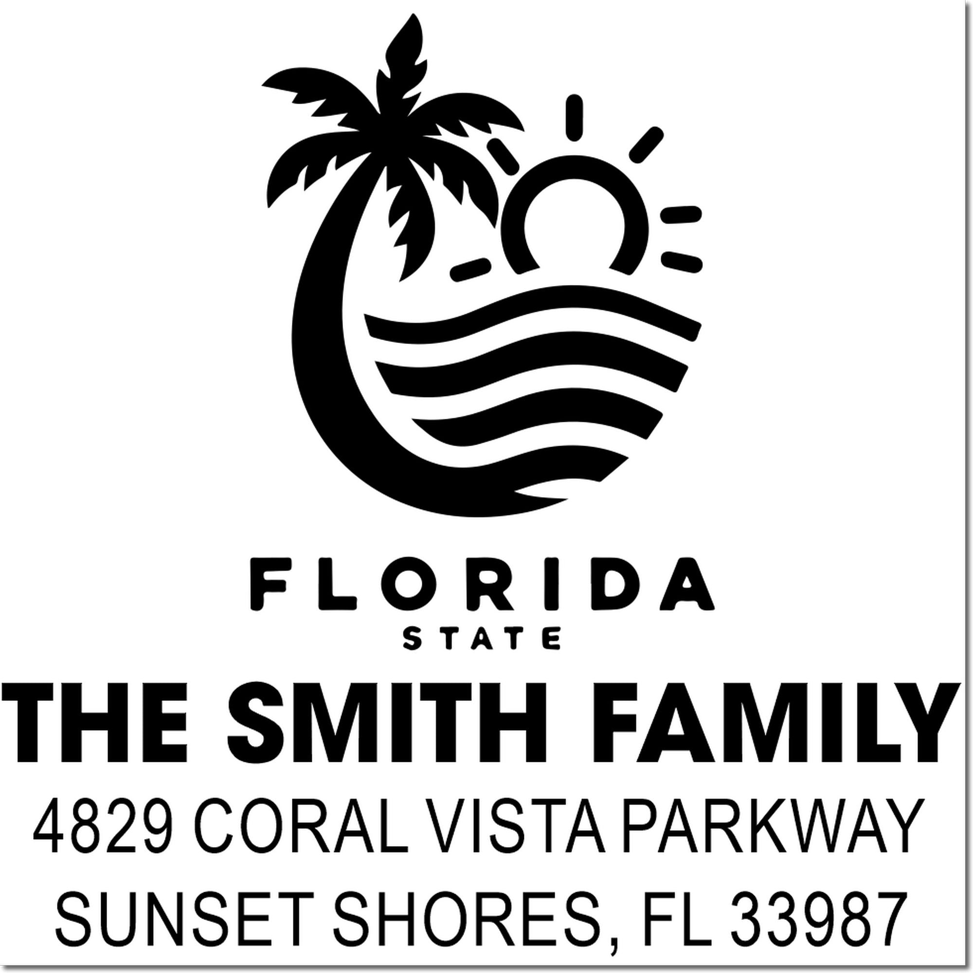 Custom Florida return address rubber stamp for The Smith Family, featuring palm tree logo and Sunset Shores, FL address.
