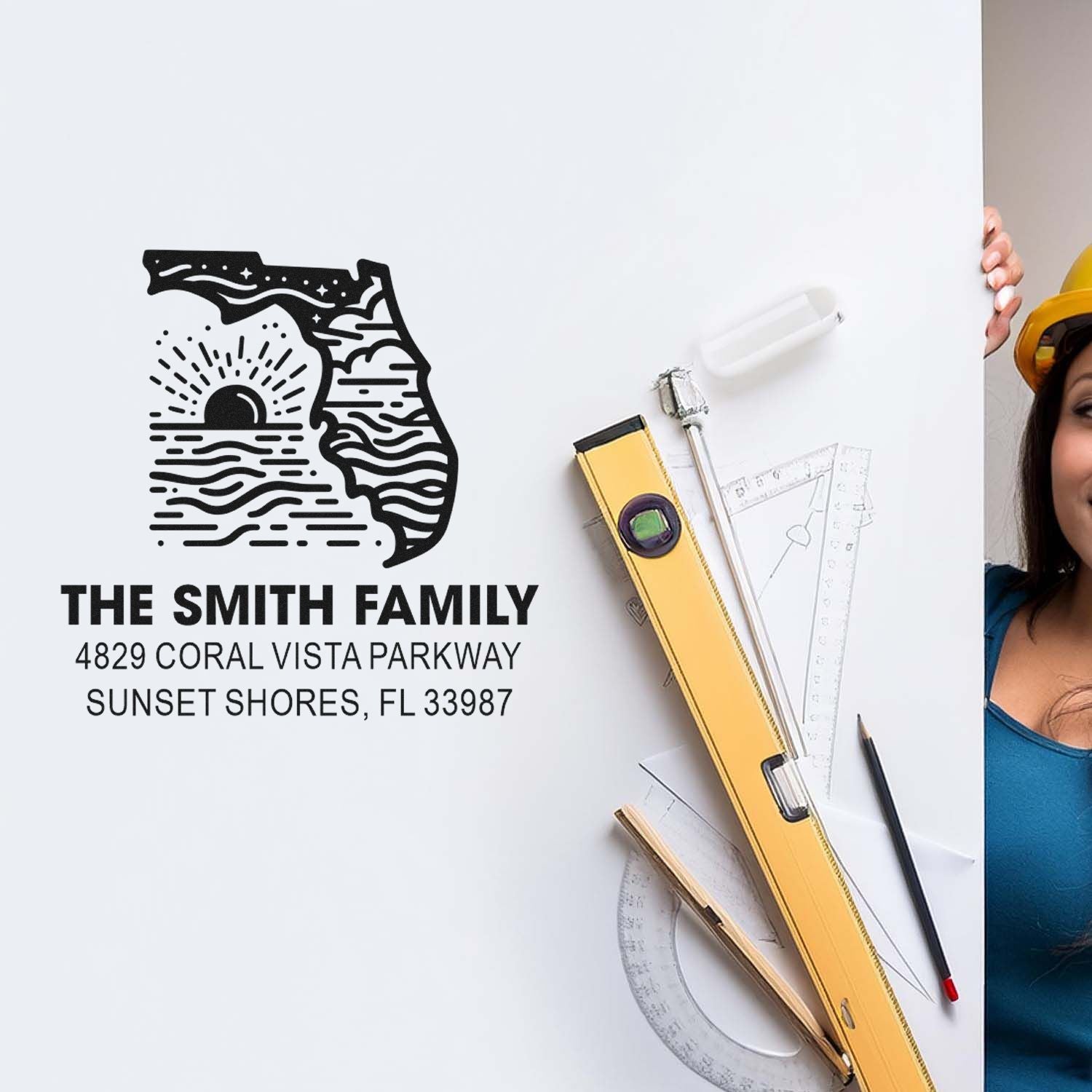 Custom Florida family return address rubber stamp with sunset design for The Smith Family, ideal for personalized mail.