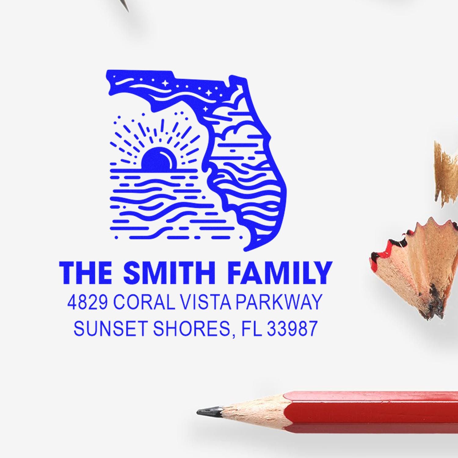 Custom Florida return address rubber stamp for The Smith Family, featuring a sunset design and Sunset Shores, FL address.