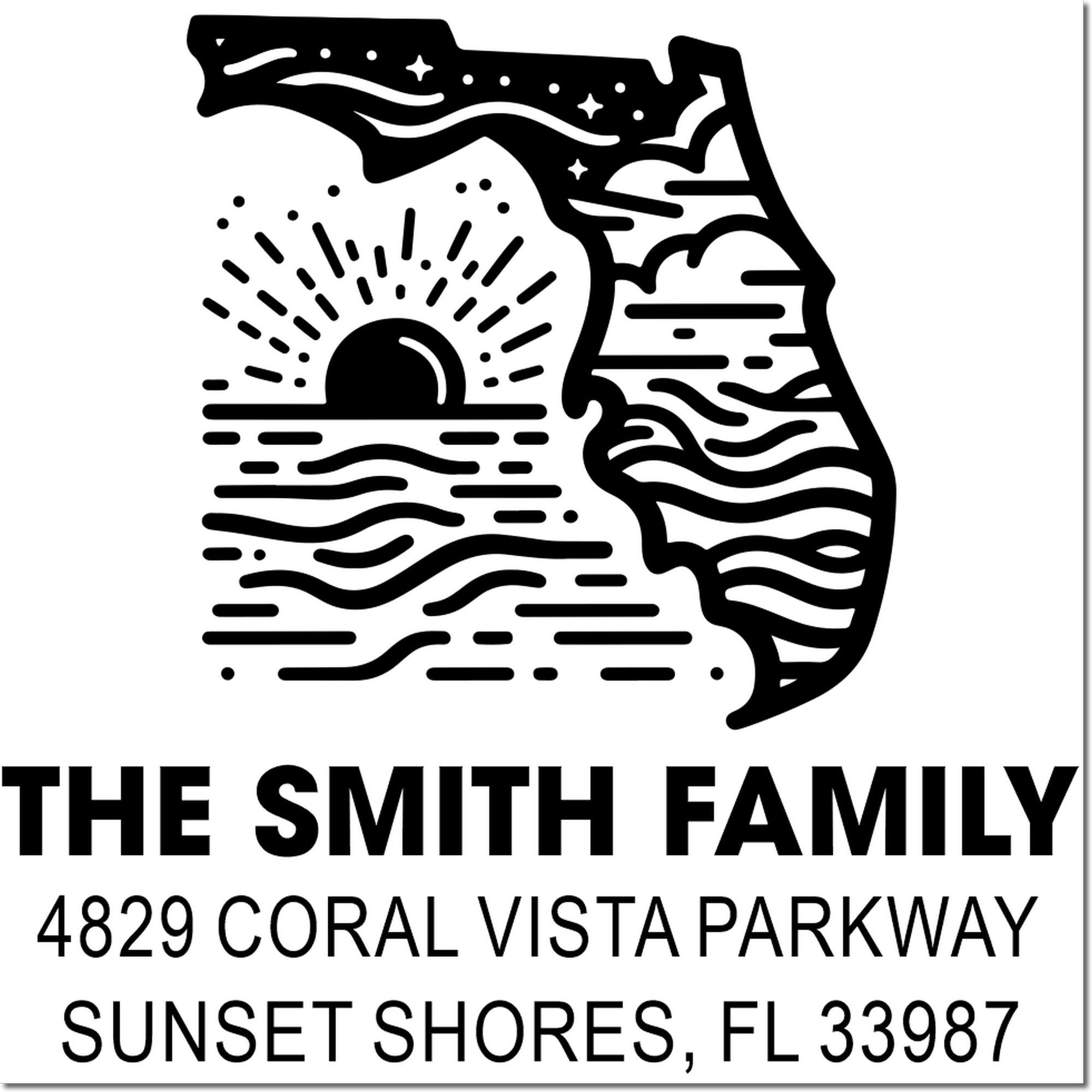 Custom Florida address rubber stamp for The Smith Family with sunset beach design and Sunset Shores, FL 33987.