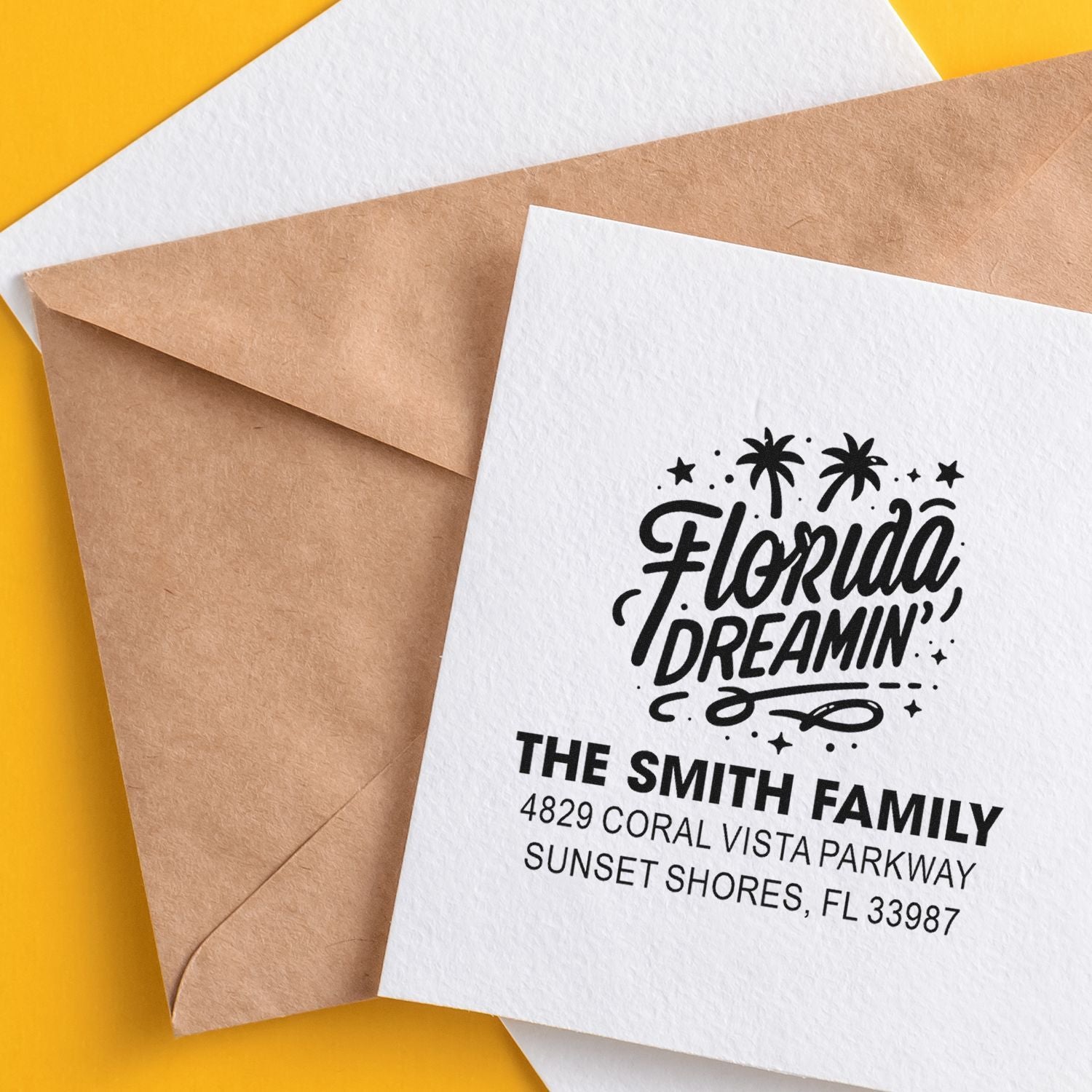 Personalized return address rubber stamp on white envelope, featuring Florida Dreamin design for The Smith Family.