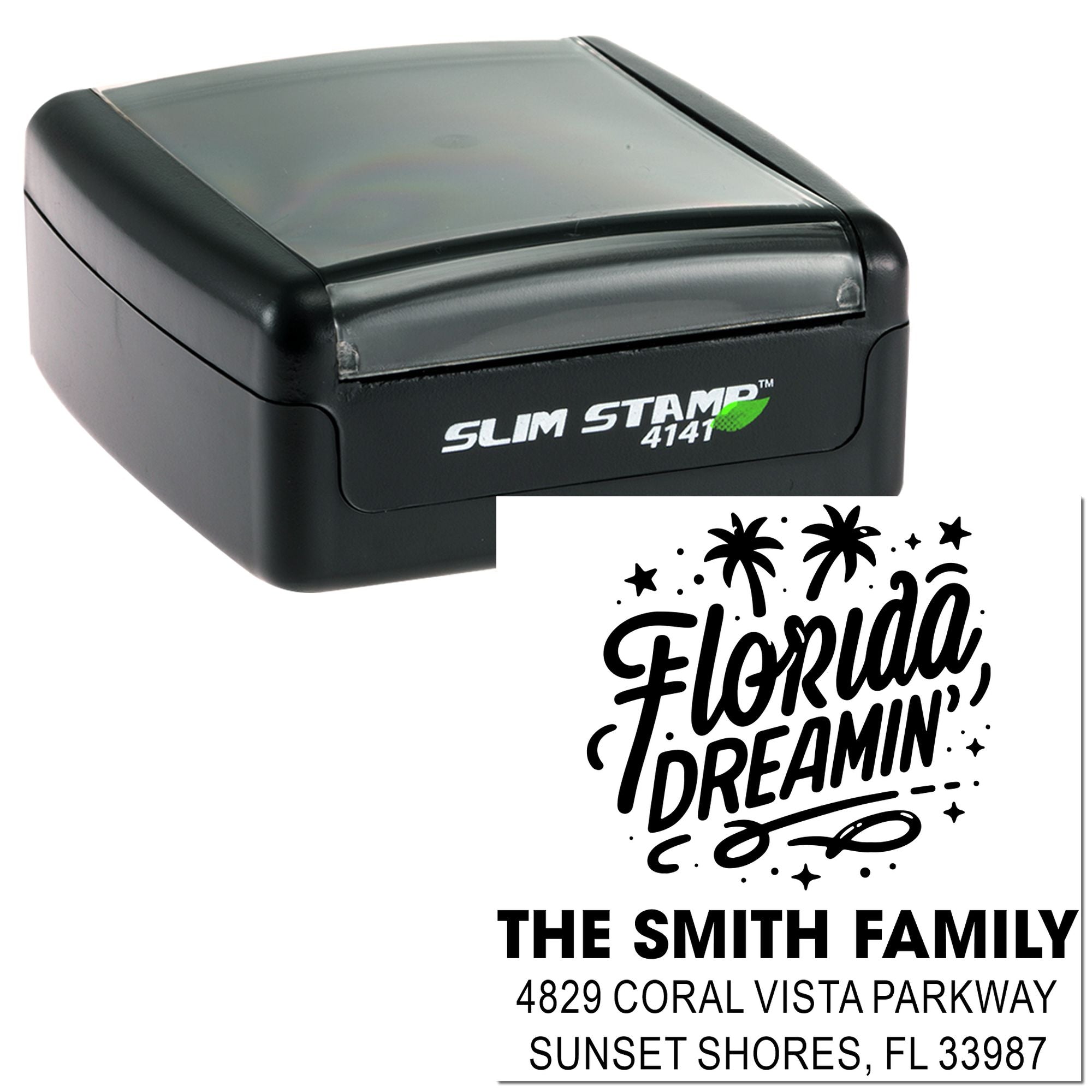 Personalized self-inking rubber stamp with Florida Dreamin custom return address design for The Smith Family.