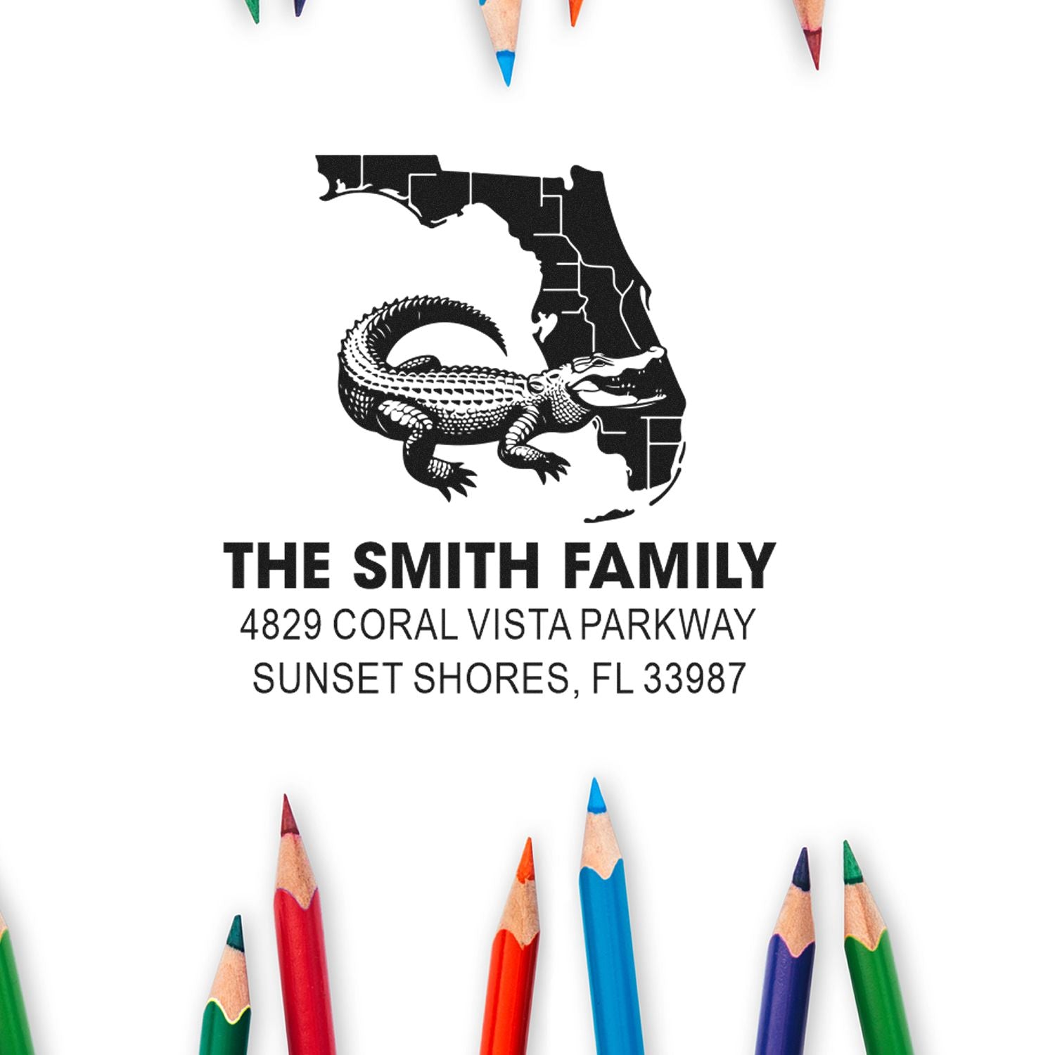Custom Florida return address rubber stamp for The Smith Family, with alligator and map design, Sunset Shores, FL 33987