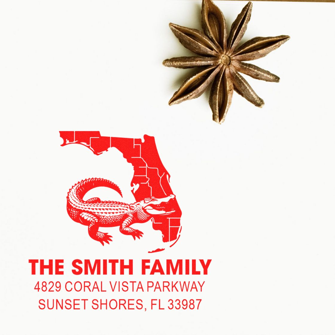 Custom return address rubber stamp for The Smith Family, featuring a Florida alligator design and Sunset Shores, FL address.