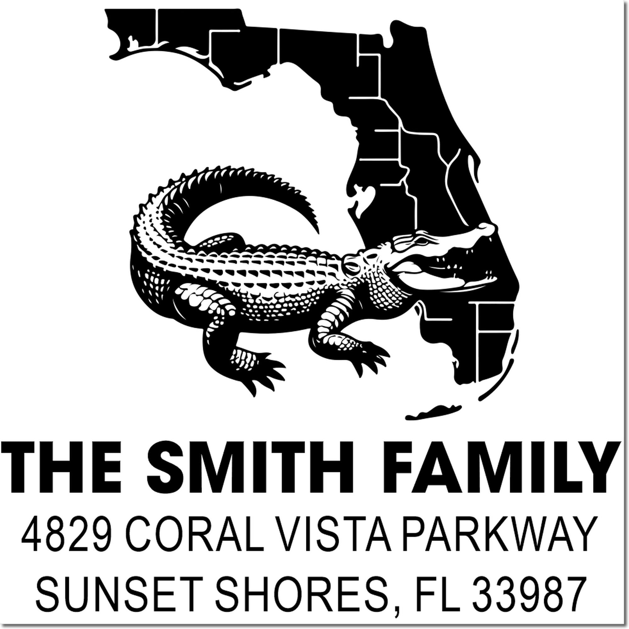 Custom Florida alligator family address rubber stamp with The Smith Family and Sunset Shores, FL address.