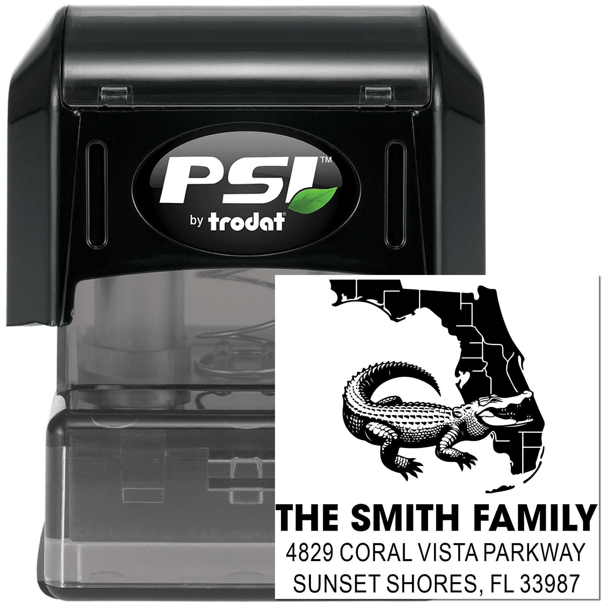 PSI by Trodat custom self-inking rubber address stamp with Florida alligator family design.
