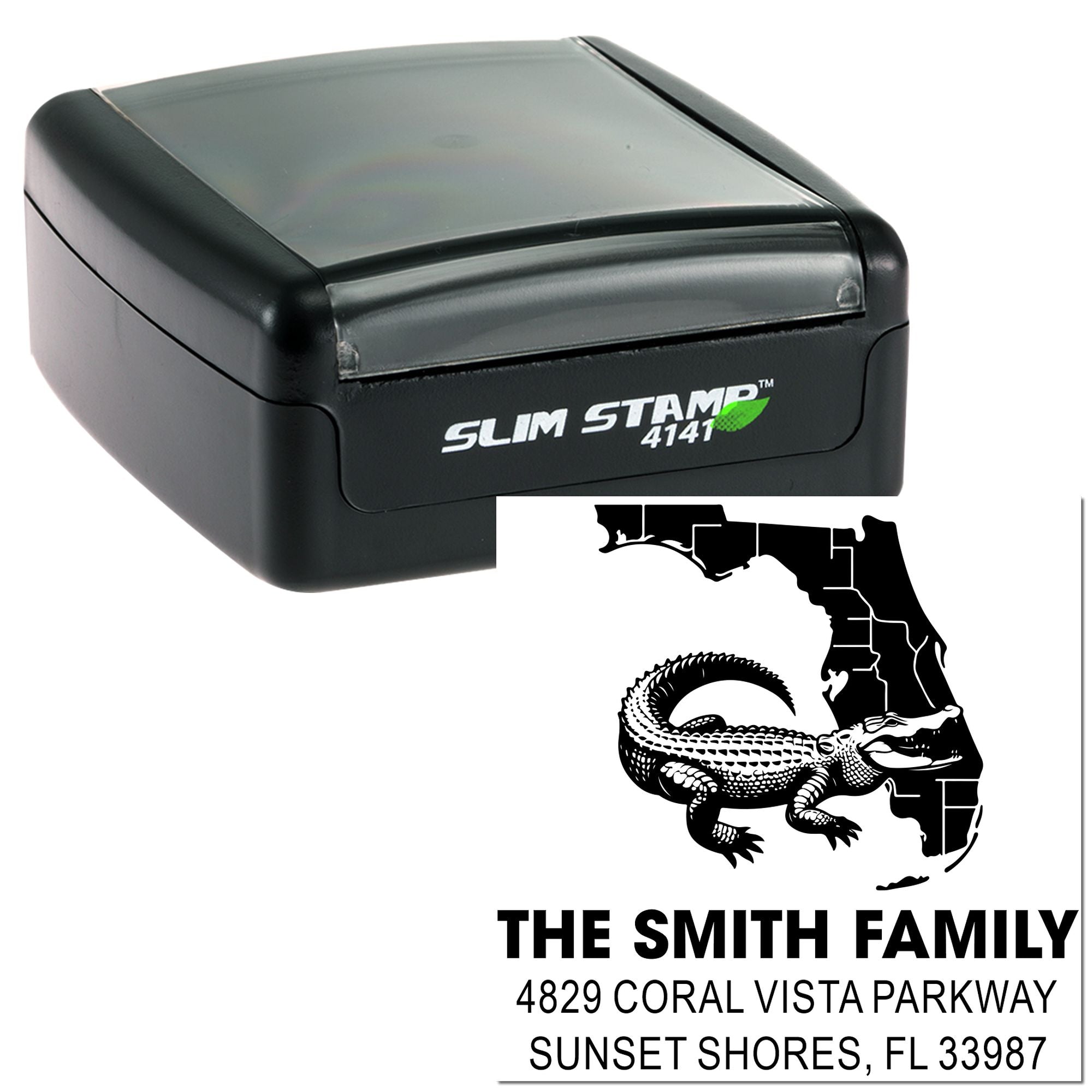 Custom self-inking rubber stamp with Florida alligator design for family return address imprint