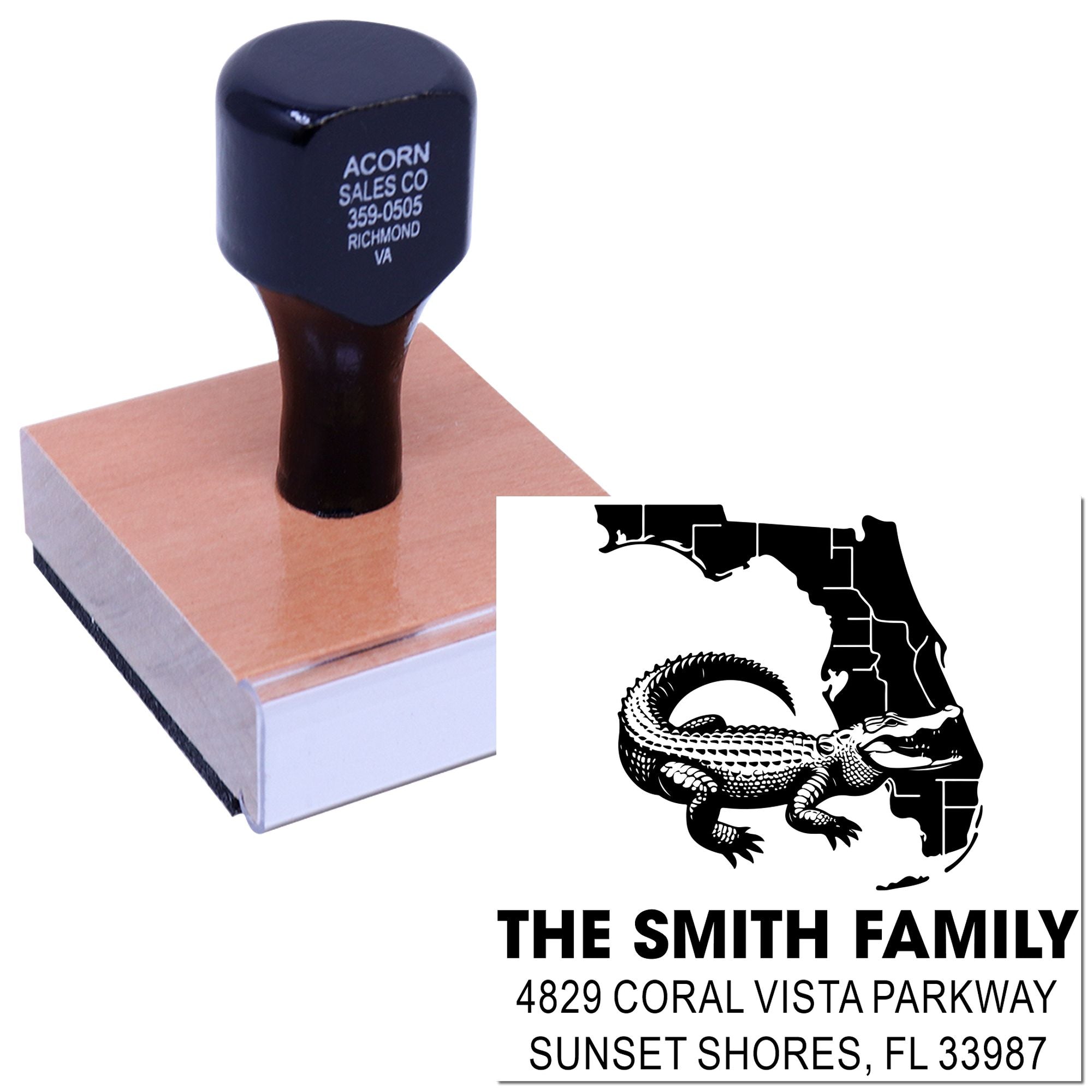 Custom self-inking rubber address stamp for Florida homes, featuring alligator design and The Smith Family return address